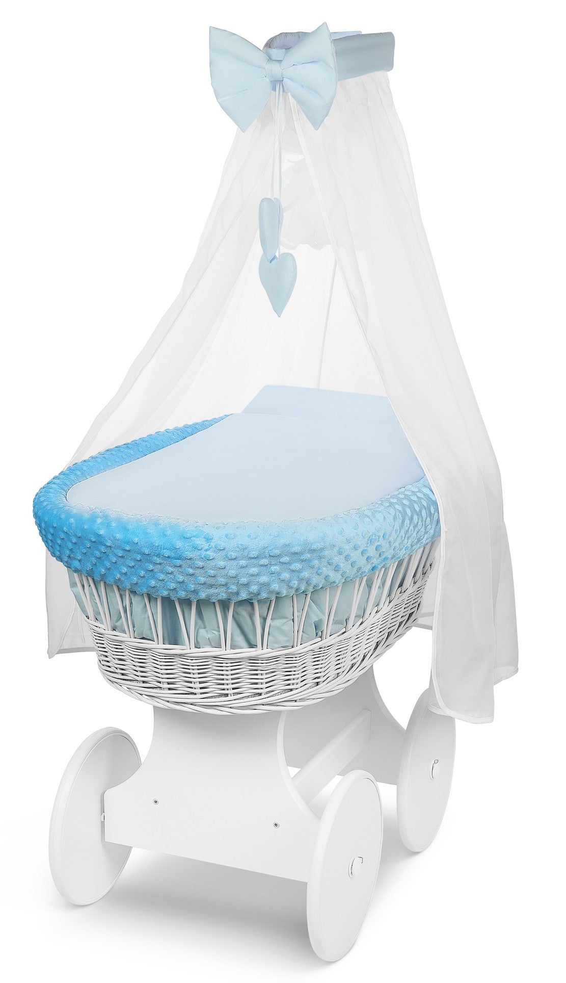 White Wicker Baby Moses Basket with Wheels Blue