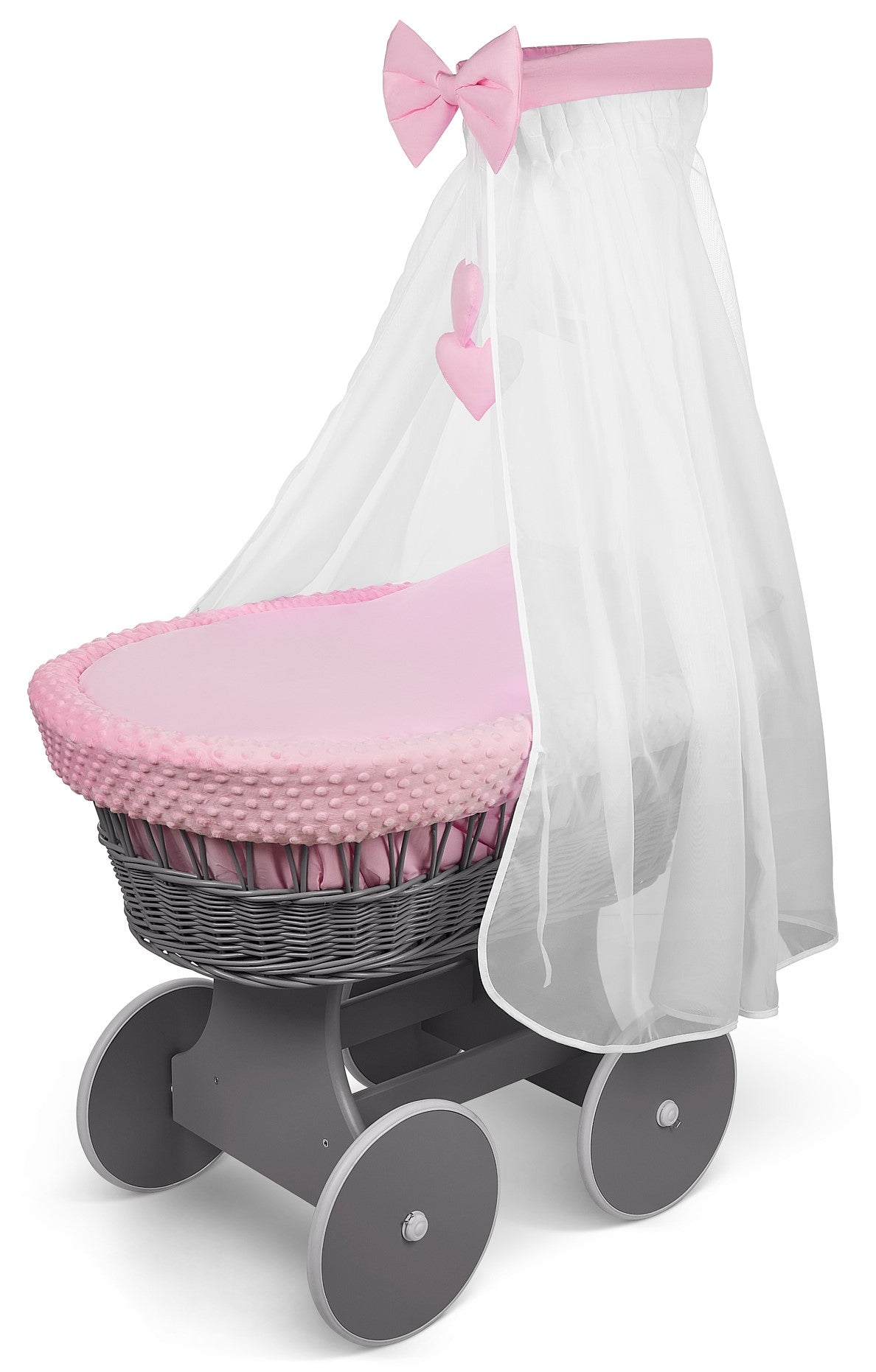 Grey Wicker Baby Moses Basket with Wheels Pink