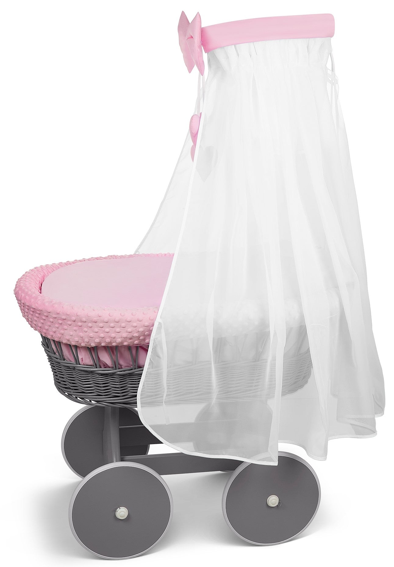 Grey Wicker Baby Moses Basket with Wheels Pink