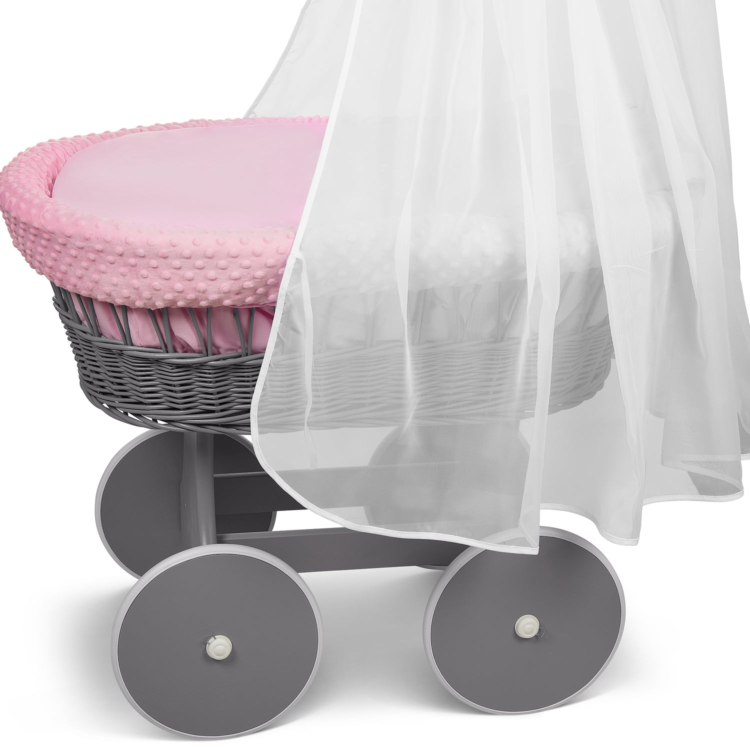 Grey Wicker Baby Moses Basket with Wheels Pink