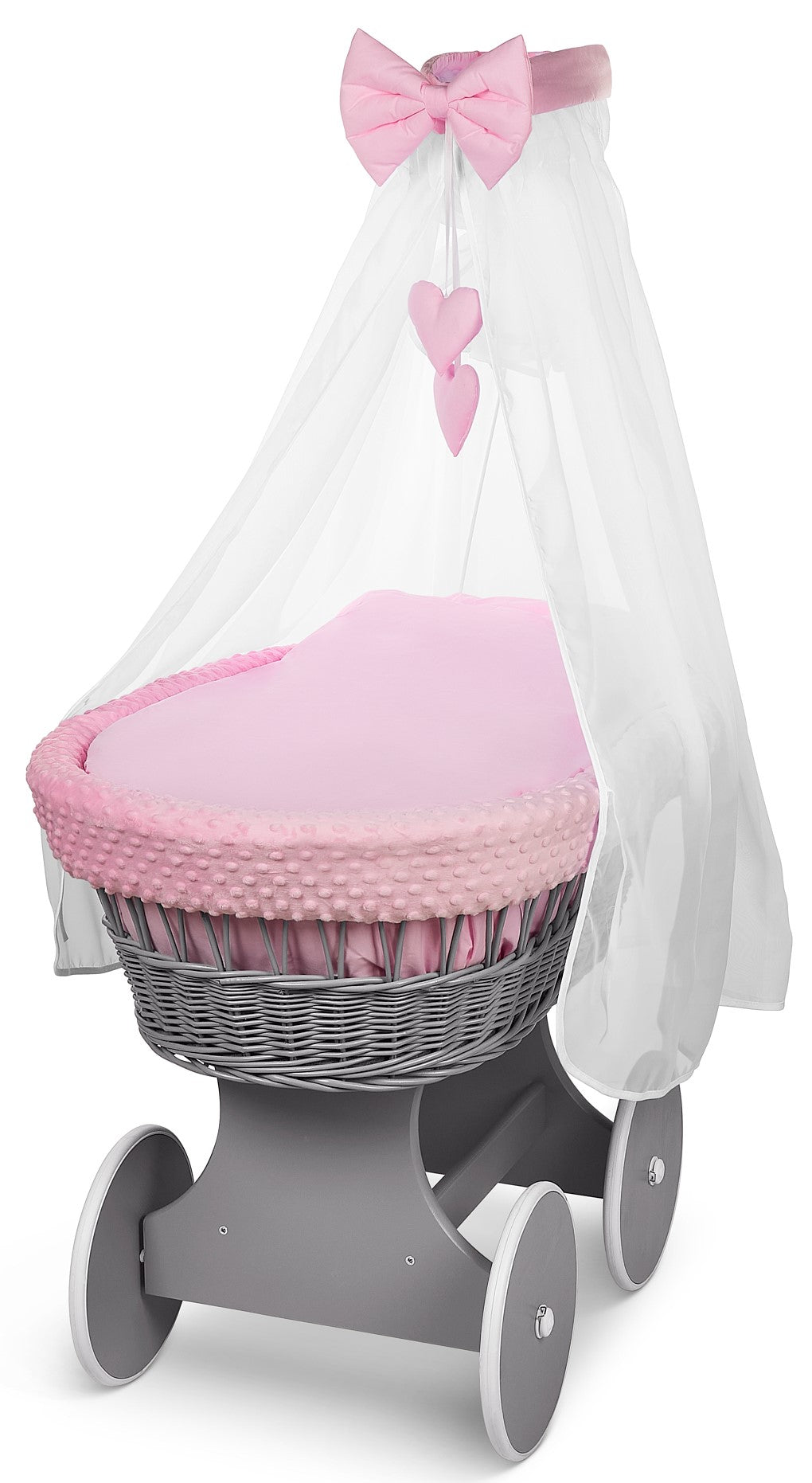 Grey Wicker Baby Moses Basket with Wheels Pink