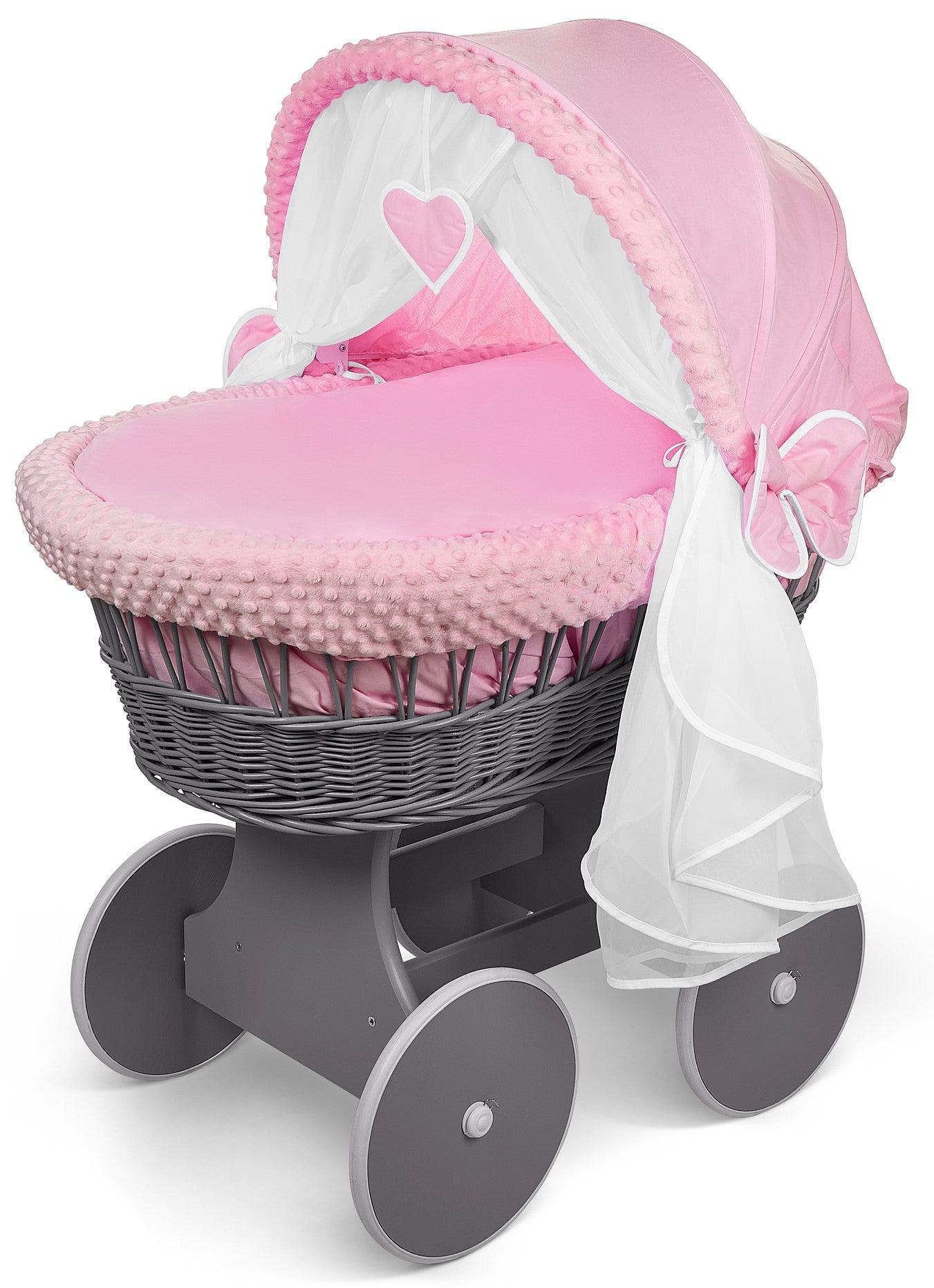 Luxury Moses Basket Grey + Wheels Stand + Full Bedding Dimple Pink with Hood - MyHappy Baby