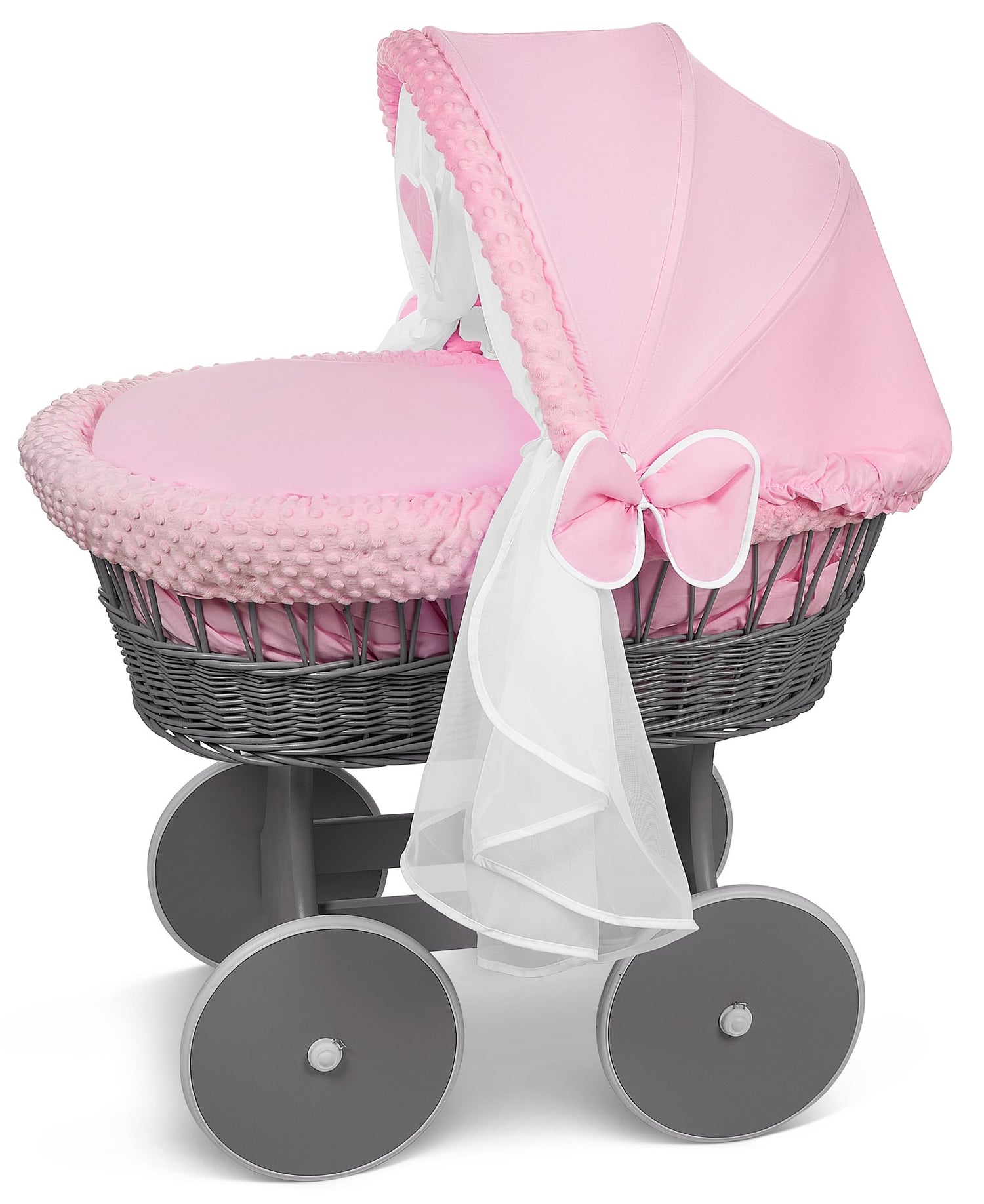 Luxury Moses Basket Grey + Wheels Stand + Full Bedding Dimple Pink with Hood - MyHappy Baby