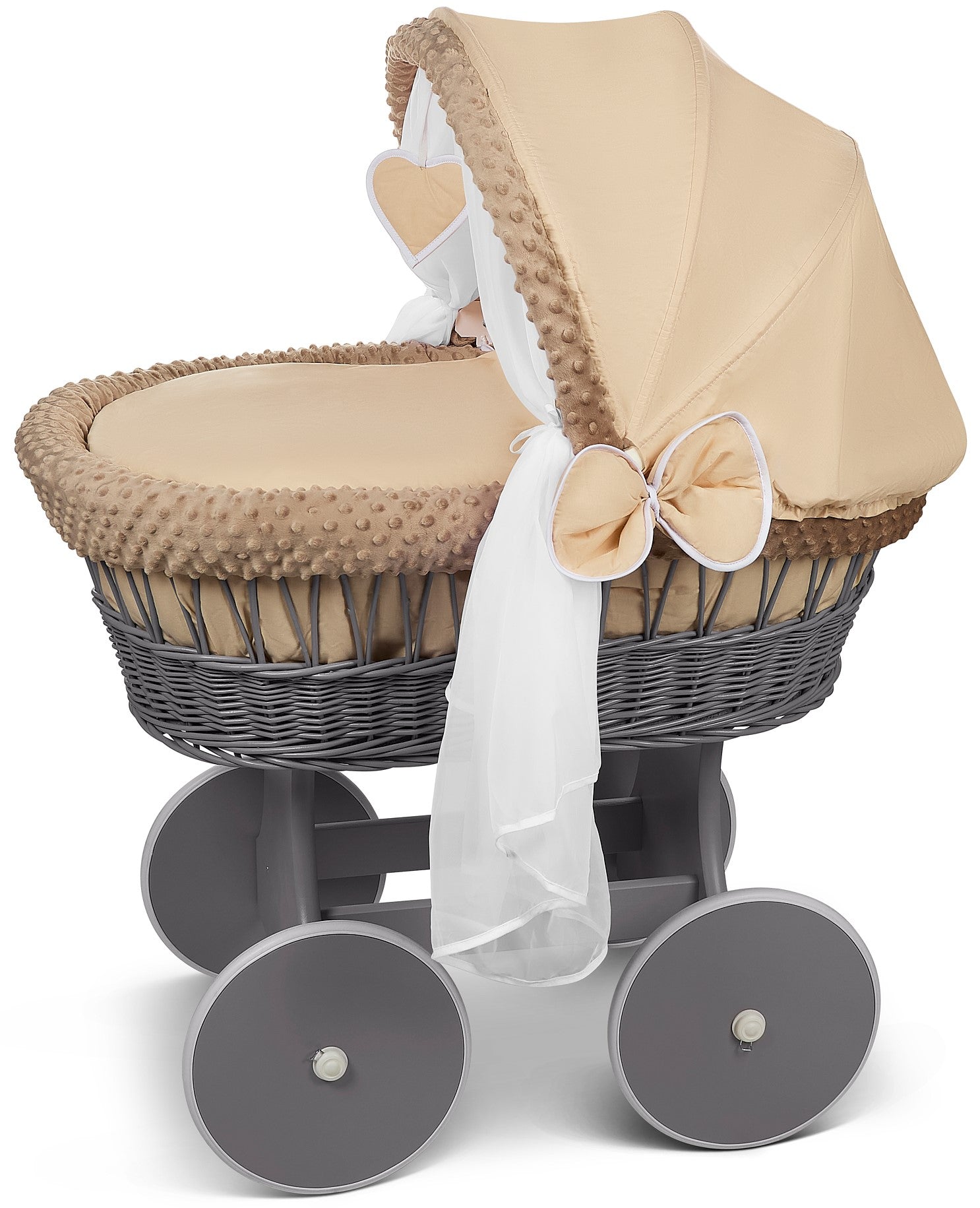 Luxury Grey Moses Basket Wheels Stand Beige Dimple Bedding