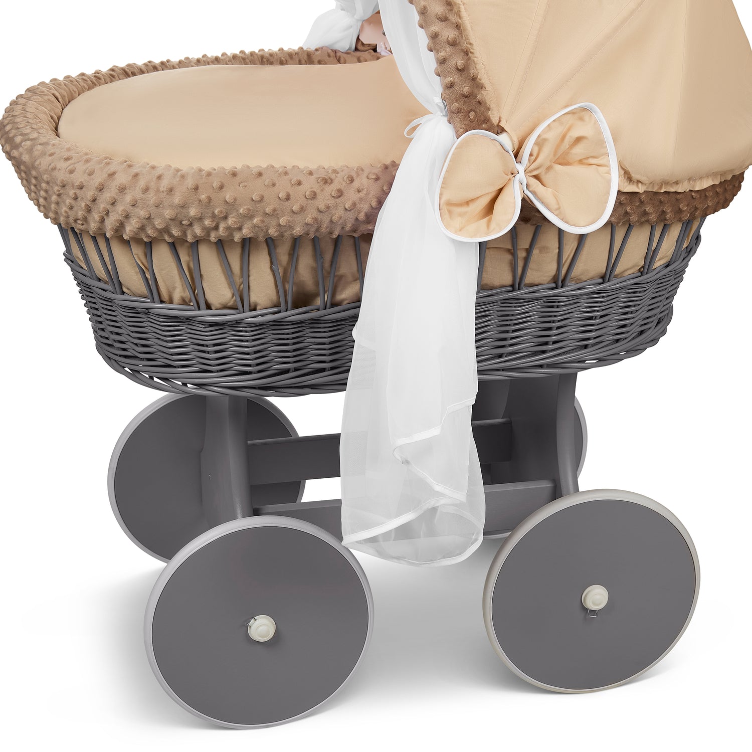 Luxury Grey Moses Basket Wheels Stand Beige Dimple Bedding