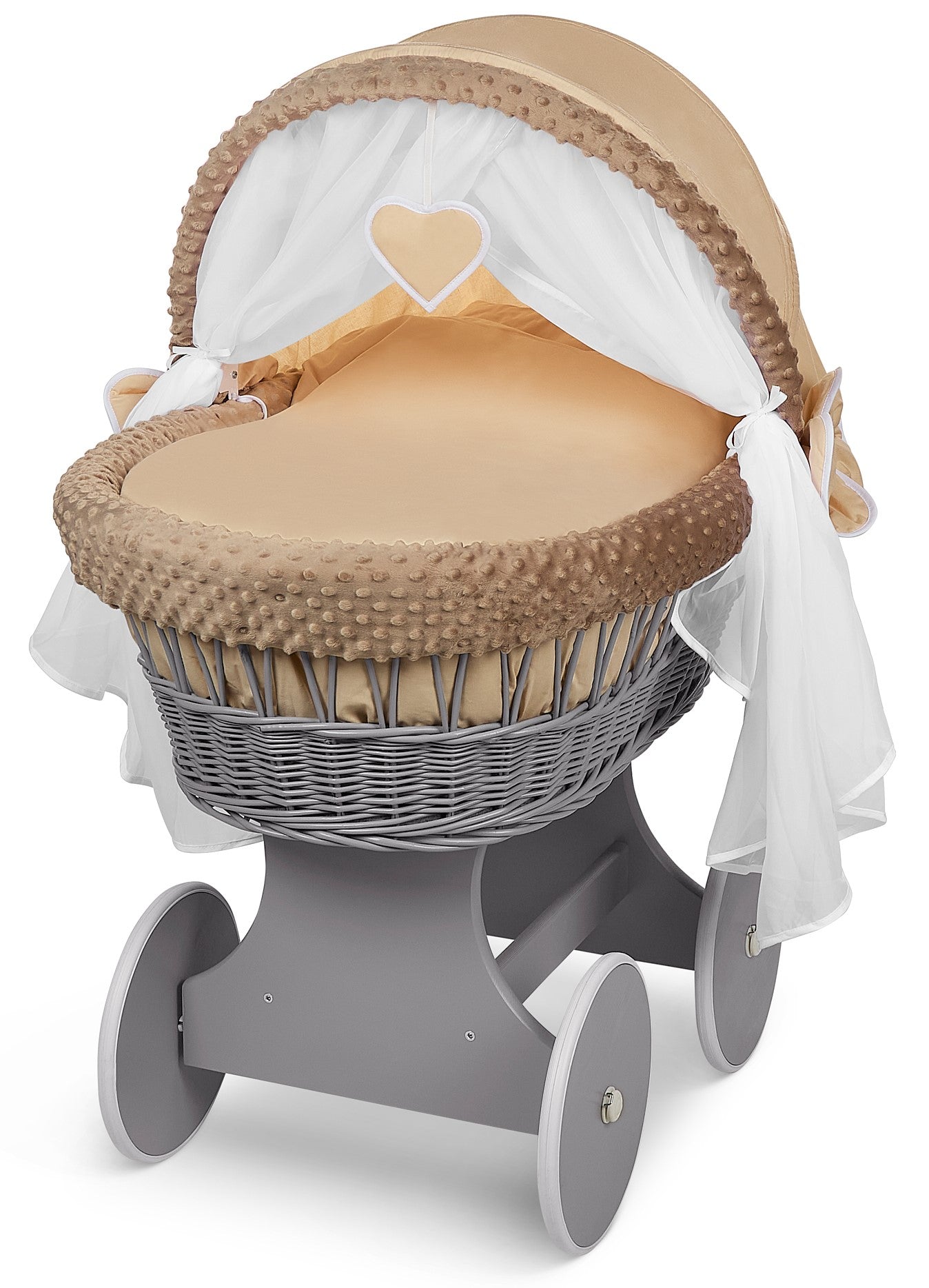 Luxury Grey Moses Basket Wheels Stand Beige Dimple Bedding