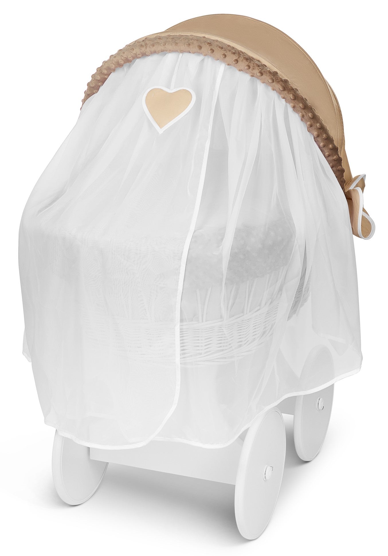 White Wicker Moses Basket Hood Wheels Baby Beige