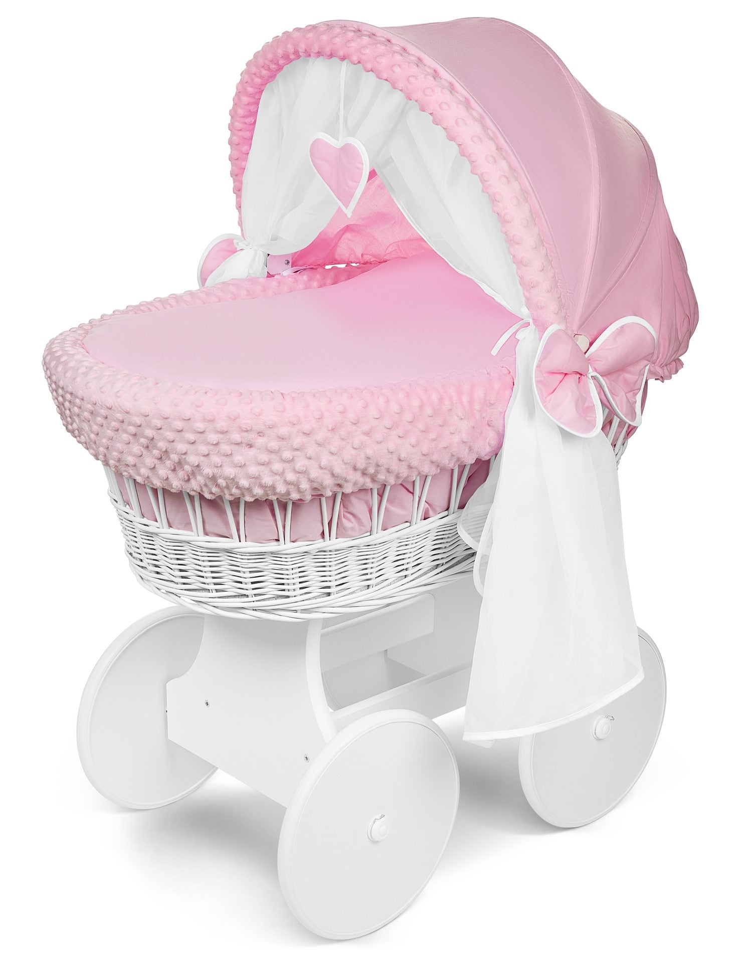 White Wicker Wheels Crib/Baby Moses Basket + Complete Bedding Pink/Dimple - MyHappy Baby