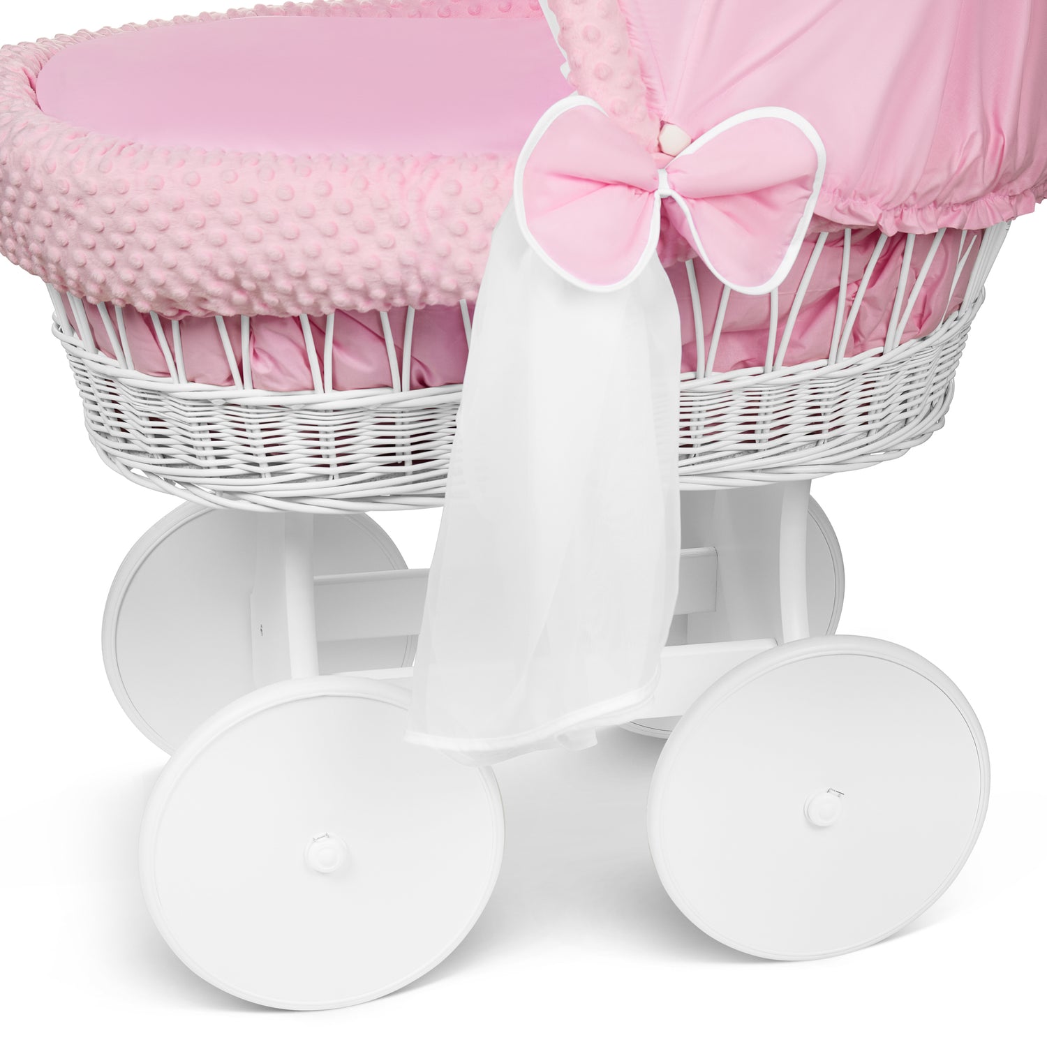 White Wicker Wheels Crib/Baby Moses Basket + Complete Bedding Pink/Dimple - MyHappy Baby