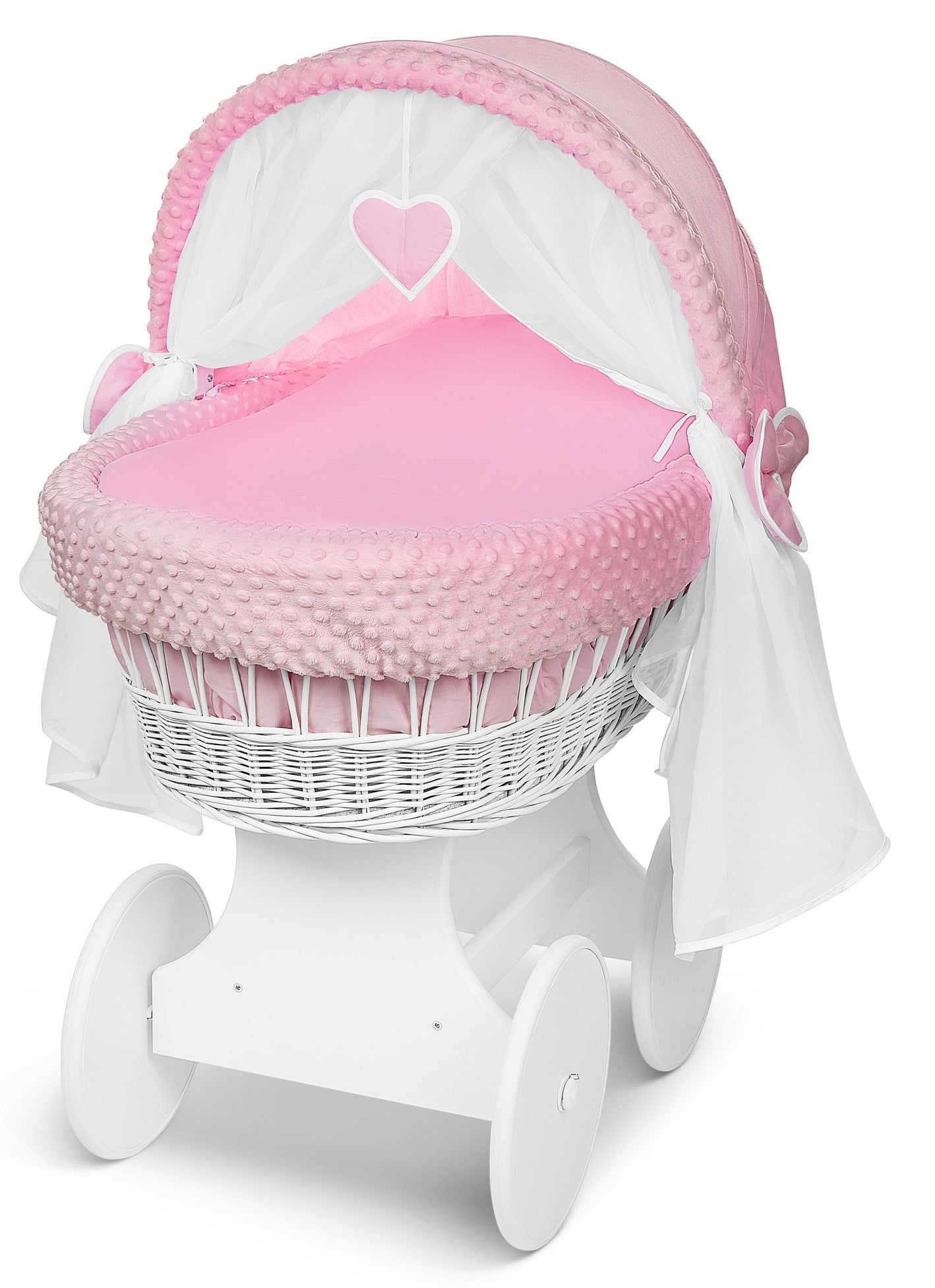 White Wicker Wheels Crib/Baby Moses Basket + Complete Bedding Pink/Dimple - MyHappy Baby