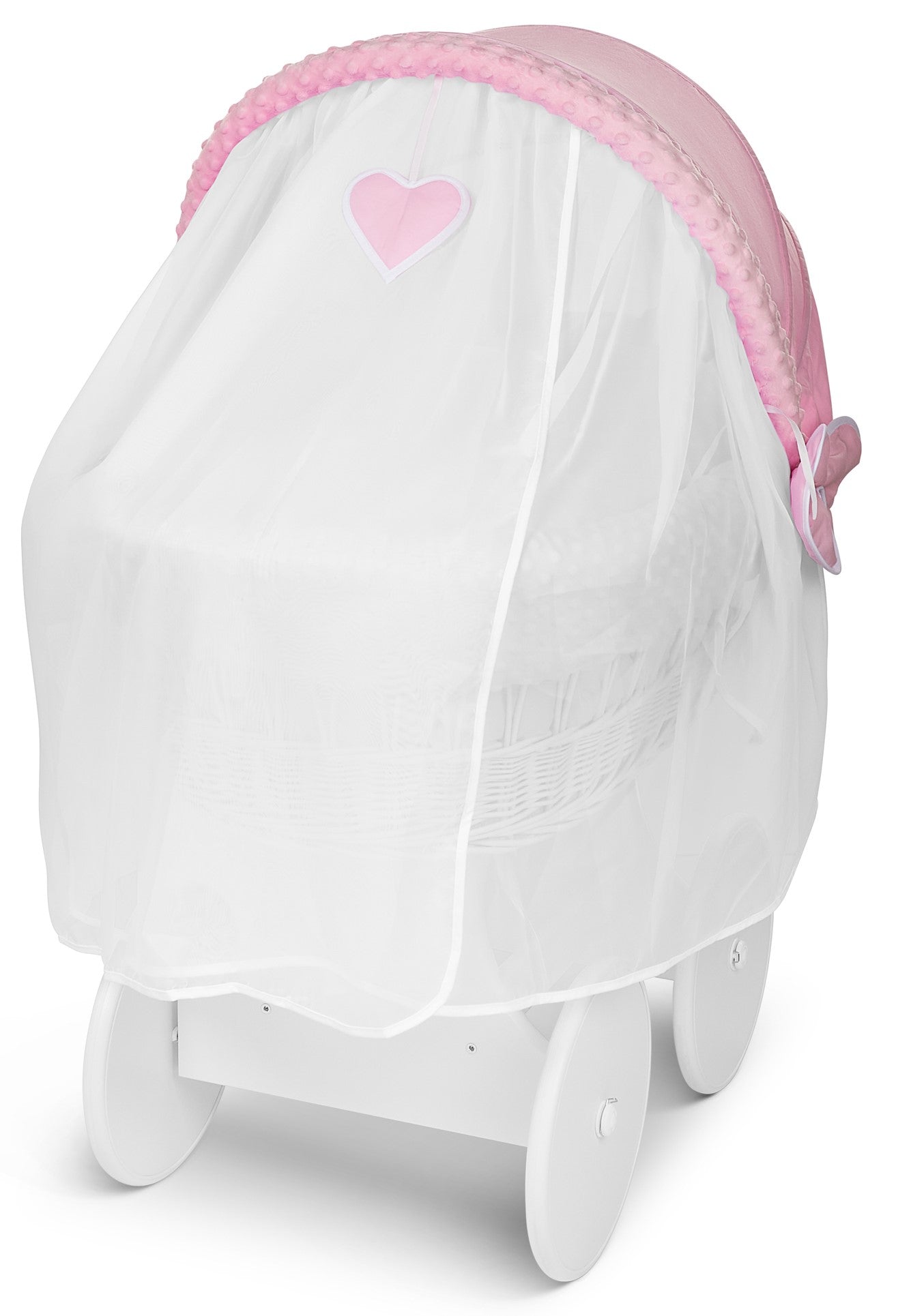 White Wicker Wheels Crib/Baby Moses Basket + Complete Bedding Pink/Dimple - MyHappy Baby