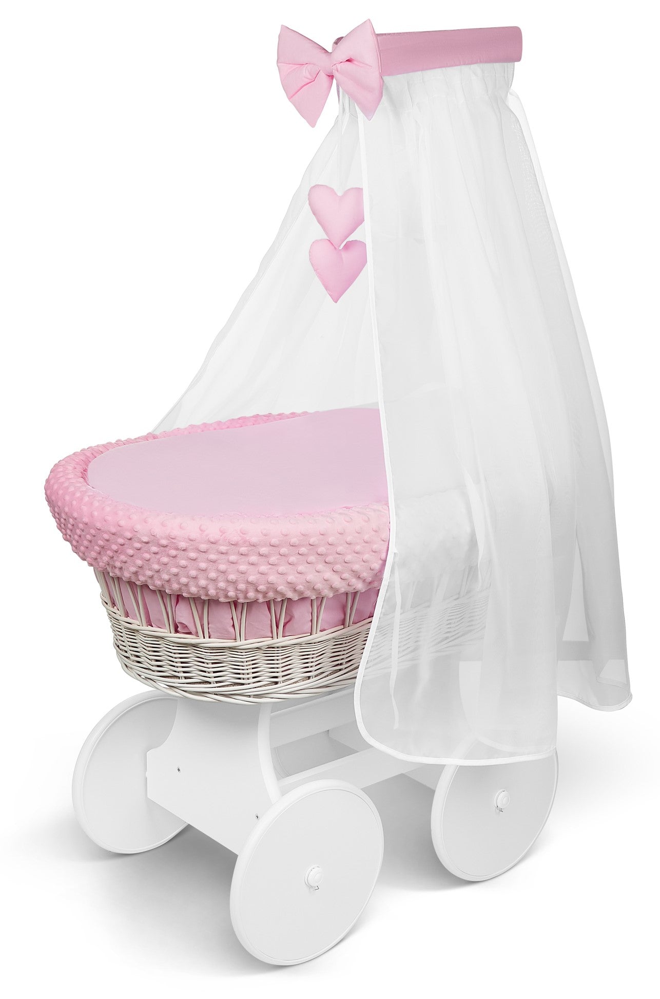 White Wicker Baby Moses Basket with Wheels Pink Bedding