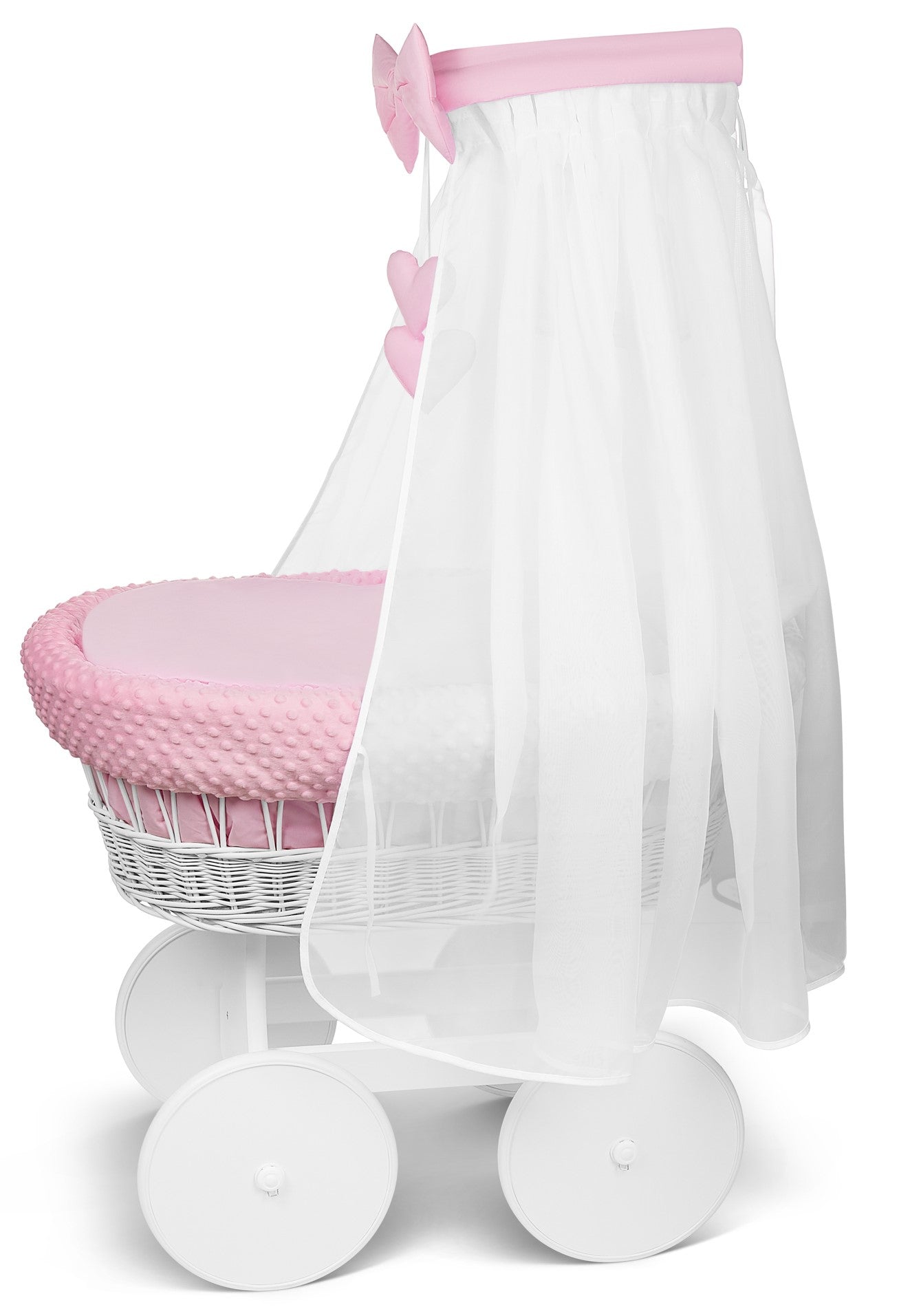 White Wicker Baby Moses Basket with Wheels Pink Bedding