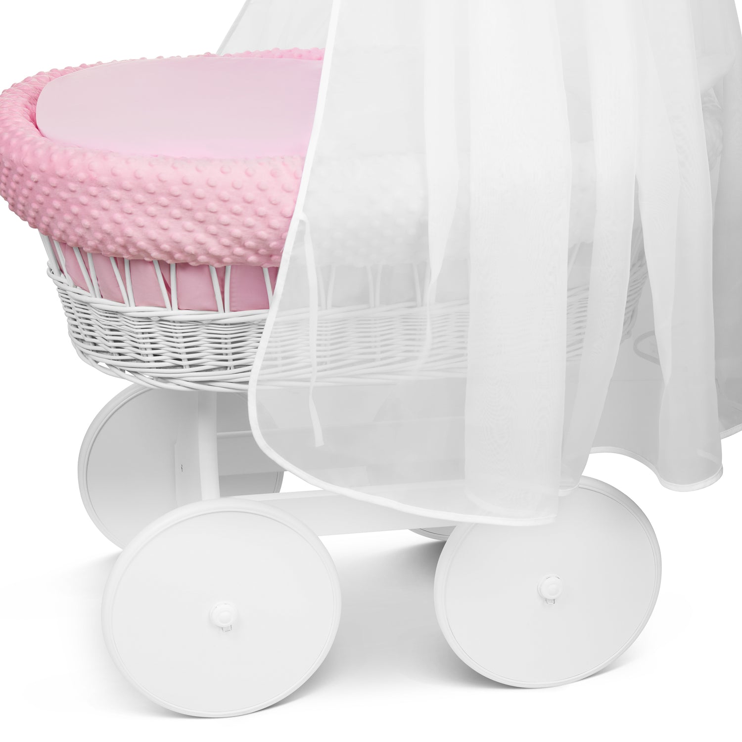 White Wicker Baby Moses Basket with Wheels Pink Bedding