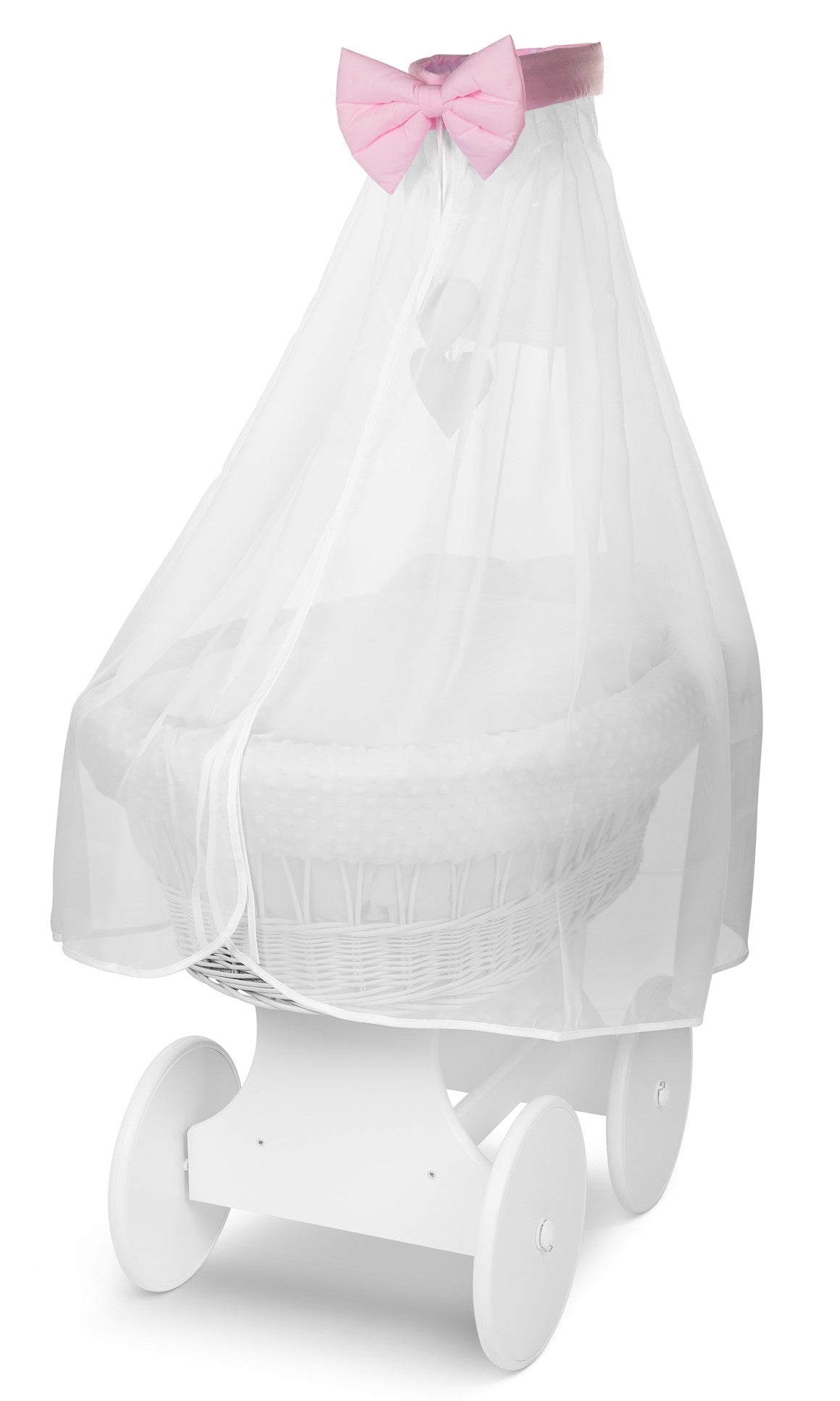 White Wicker Baby Moses Basket with Wheels Pink Bedding