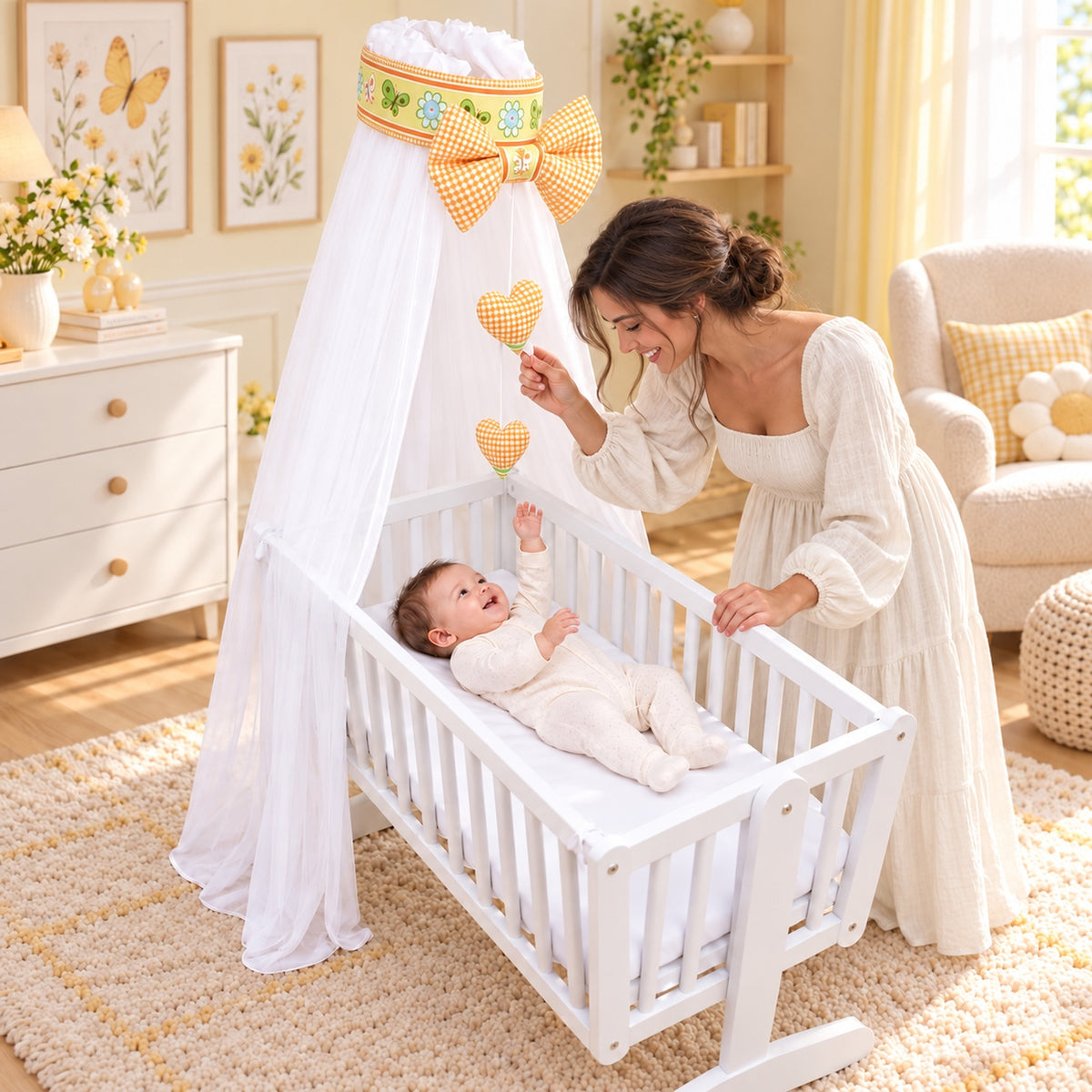 Baby Crib Canopy Mosquito Net with Holder, Decorative Bow & Hanging Hearts – Dino Orange