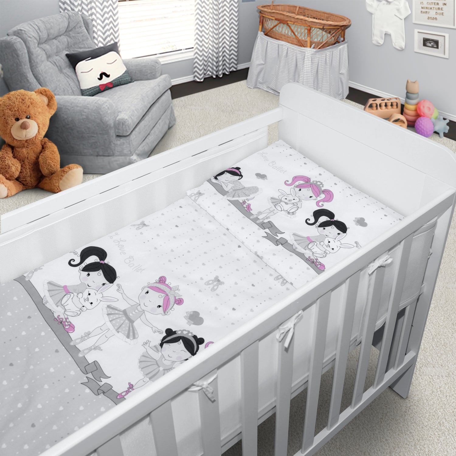Baby Cot Bedding Set 5Pc Fit Cotbed 135x100cm Ballerina Grey