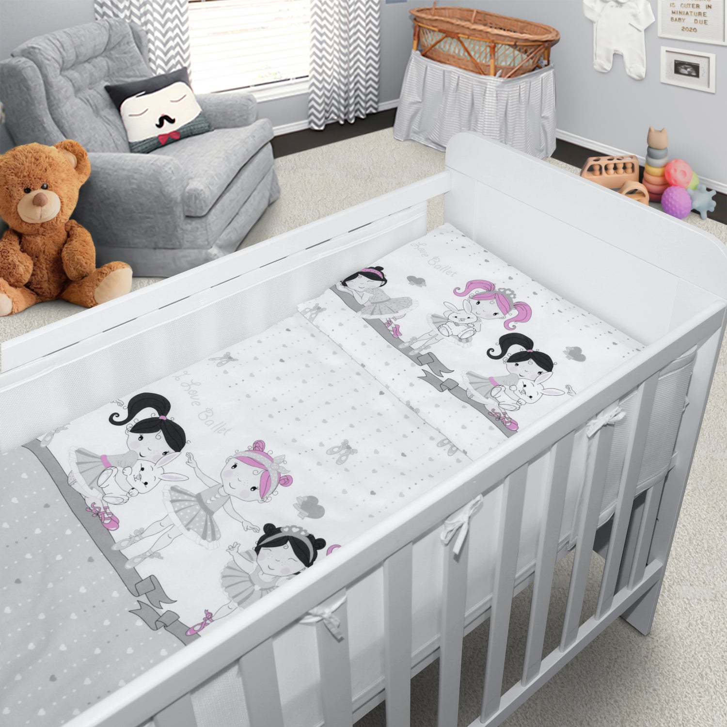Baby Cot Bedding Set 3Pc Fit Cot 120x60cm Ballerina Grey