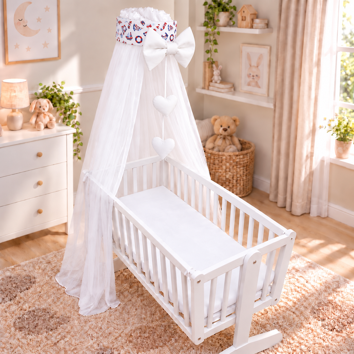 Baby Crib Canopy Mosquito Net with Holder, Decorative Bow & Hanging Hearts – Marine