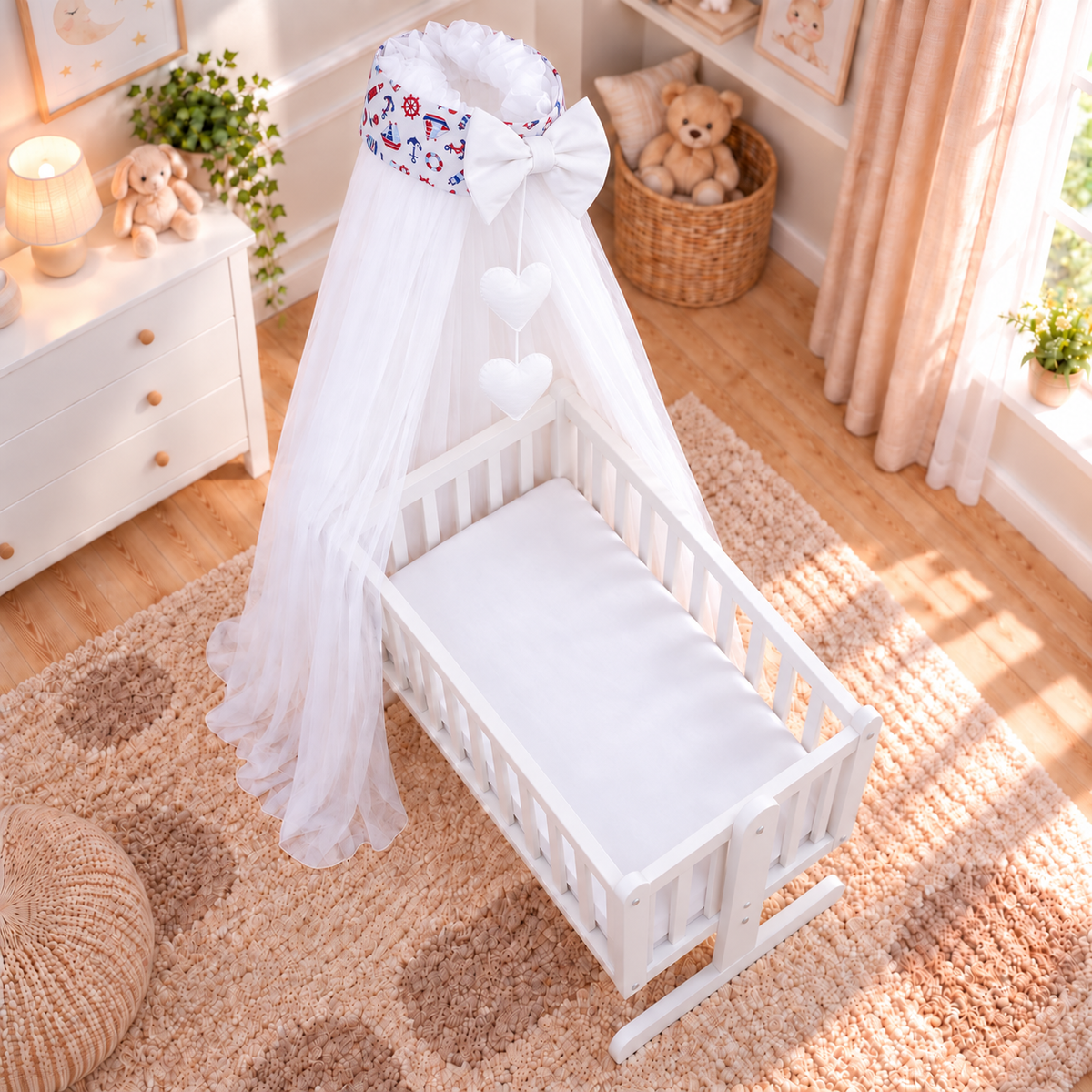 Baby Crib Canopy Mosquito Net with Holder, Decorative Bow & Hanging Hearts – Marine