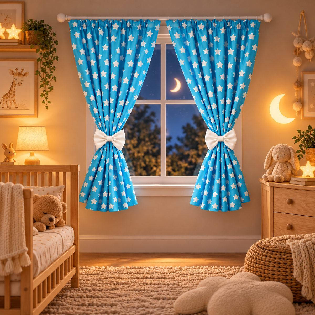 Nursery Curtains for Babies & Toddler's Bedroom Window Big white stars on turquoise