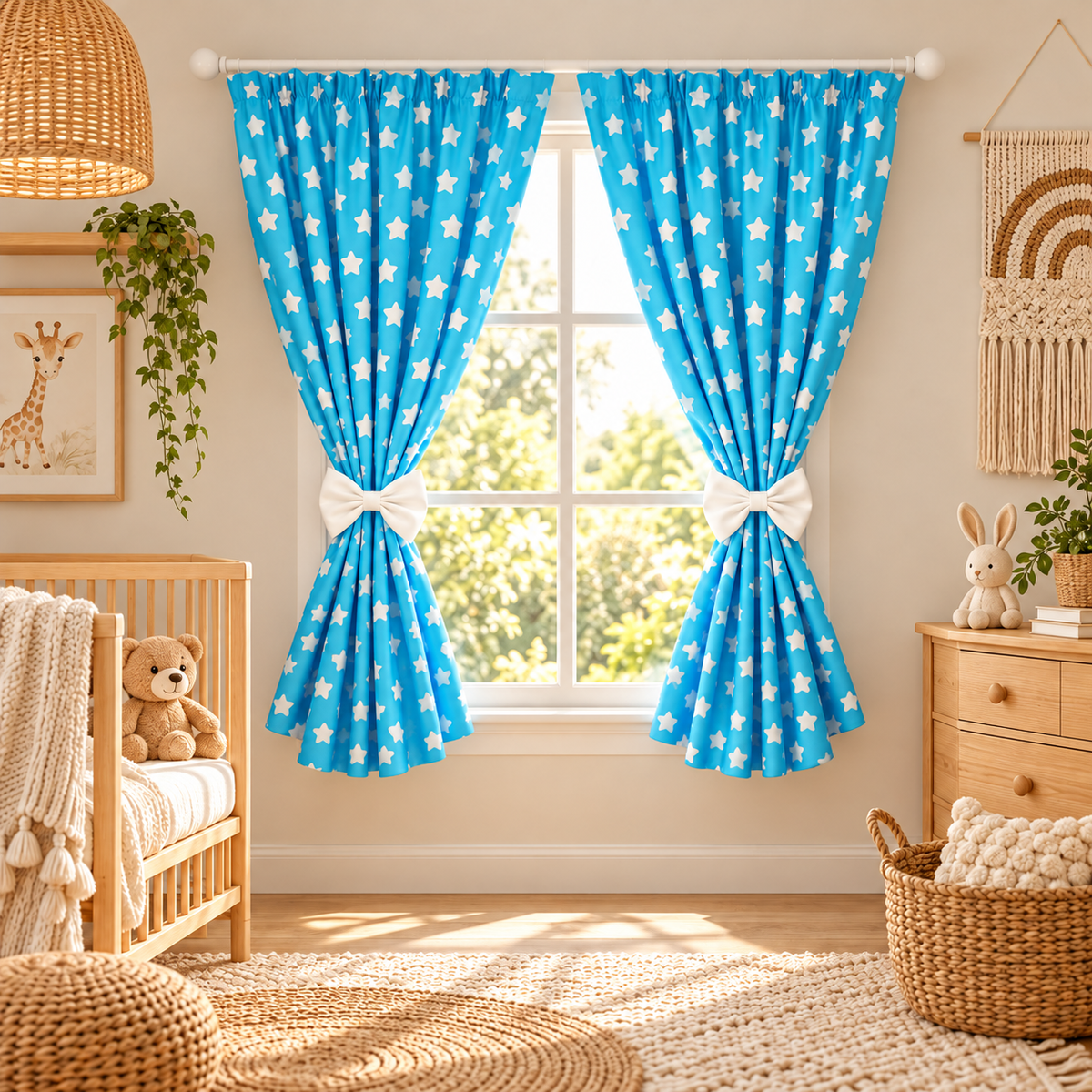 Nursery Curtains for Babies & Toddler's Bedroom Window Big white stars on turquoise