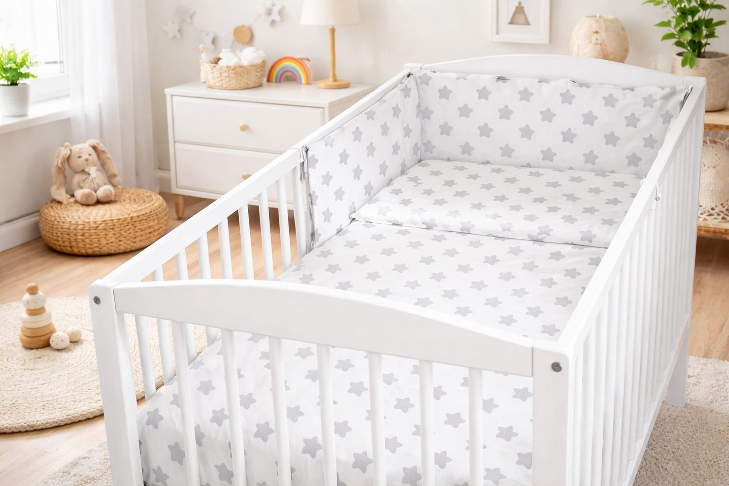 Baby 3Pc Bedding Set Pillow Duvet Bumper Fit Cotbed 140x70cm Big Grey Stars On White - MyHappy Baby