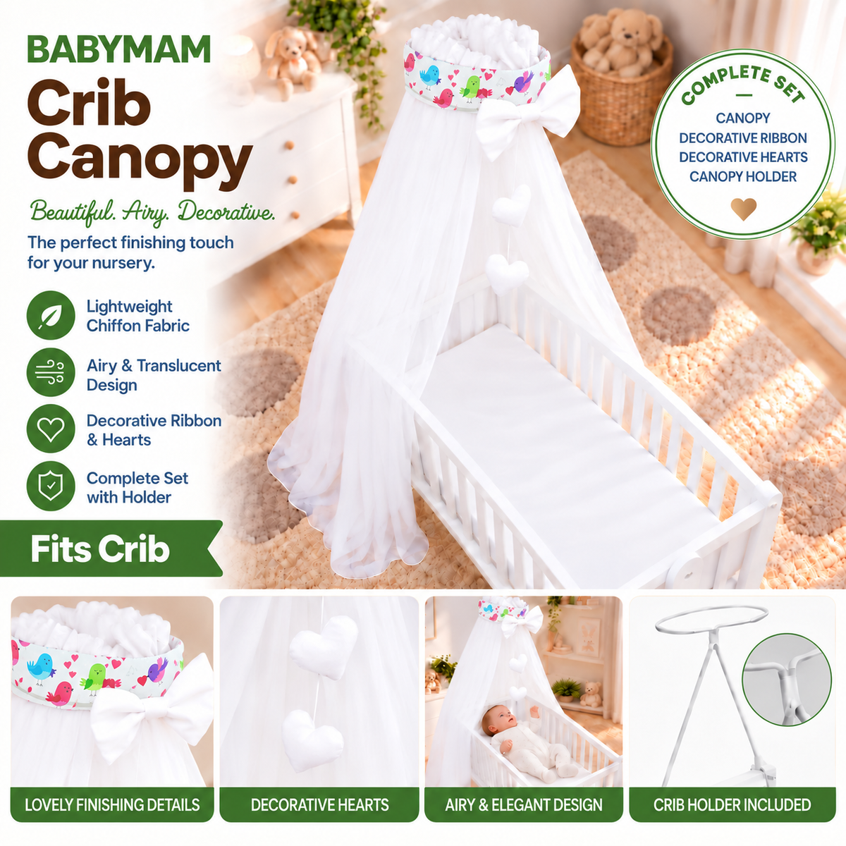 Baby Crib Canopy Mosquito Net with Holder, Decorative Bow & Hanging Hearts – Birds