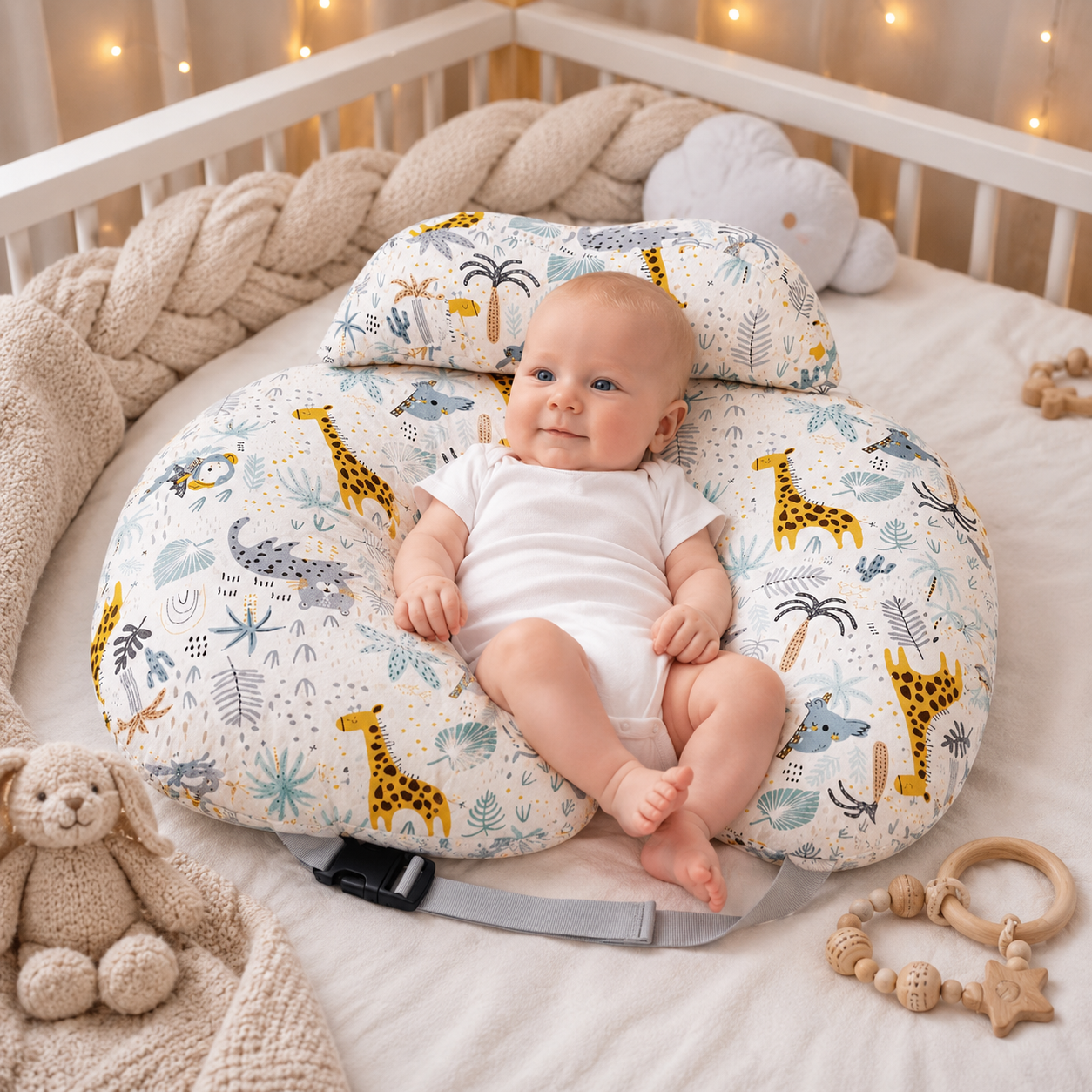 Nursing Pillow with Head Support & Removable Cover Baby Feeding Cushion - Safari
