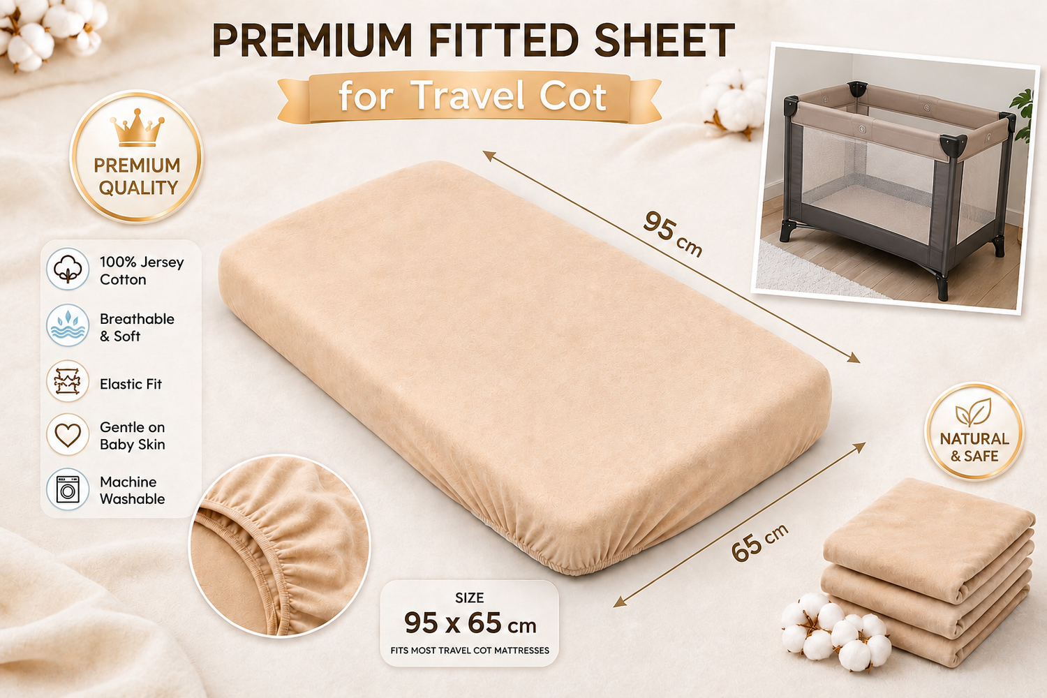 2PC Baby Jersey Organic 100% Cotton Fitted Sheet for Travel Cot Mattress 95x65cm (Beige)