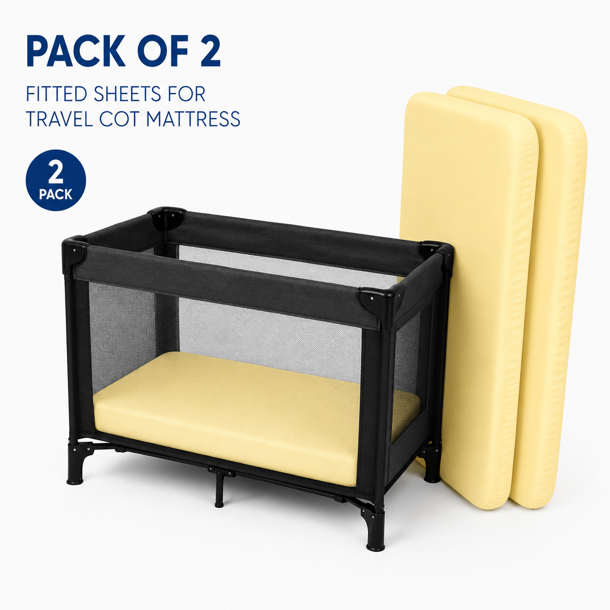 2PC Baby Jersey Organic 100% Cotton Fitted Sheet for Travel Cot Mattress 95x65cm (Yellow)