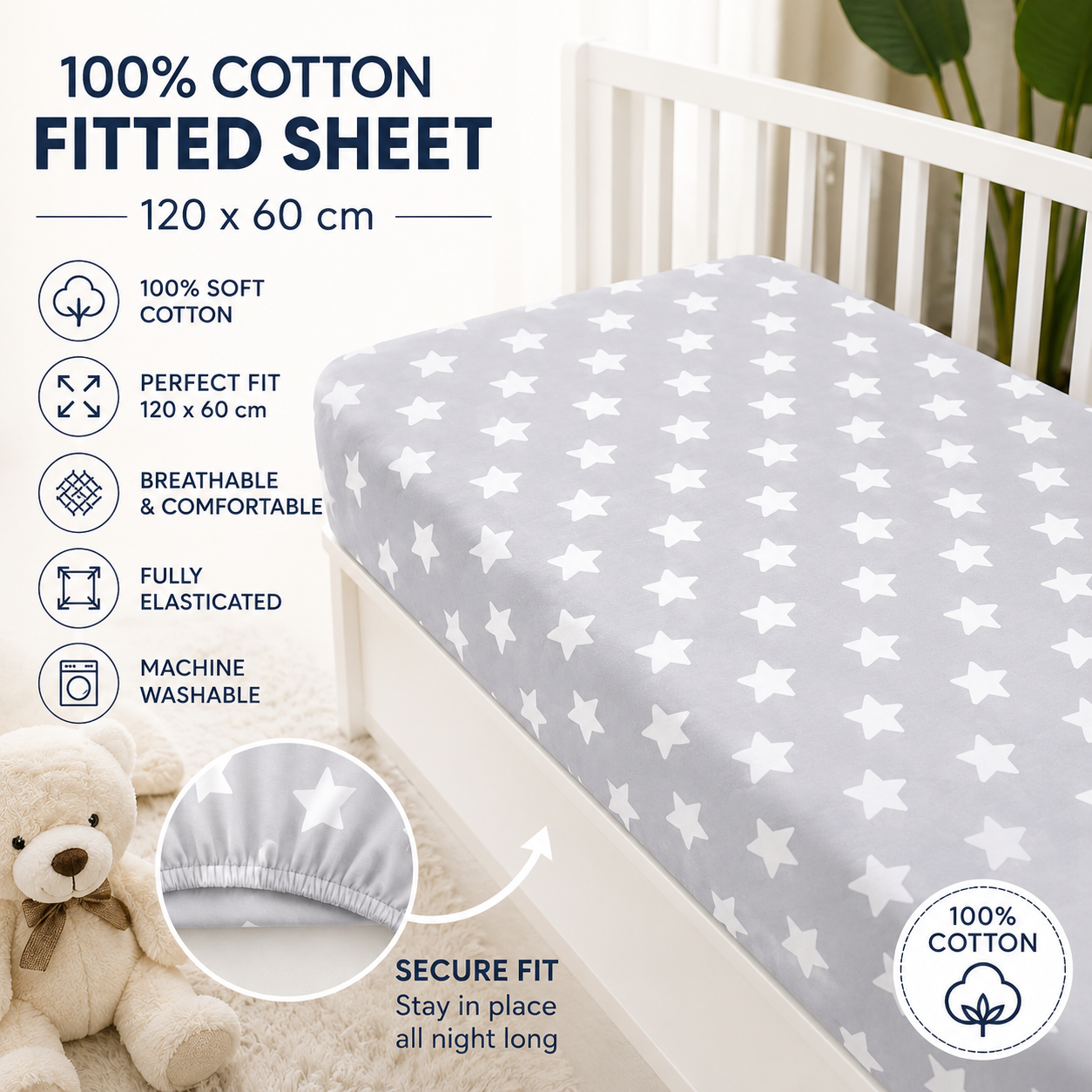 Baby Fitted Cot Sheet Printed Design 100% Cotton Mattress 120X60 cm Big White Stars On Grey - MyHappy Baby