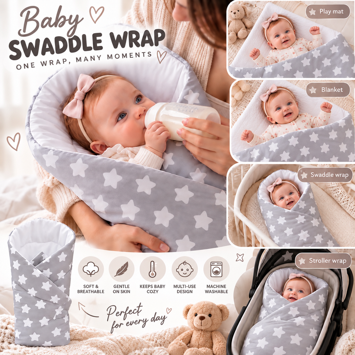 Baby Swaddle Wrap Newborn Bedding Blanket 100% Cotton Sleeping Bag Big White Stars On Grey - MyHappy Baby