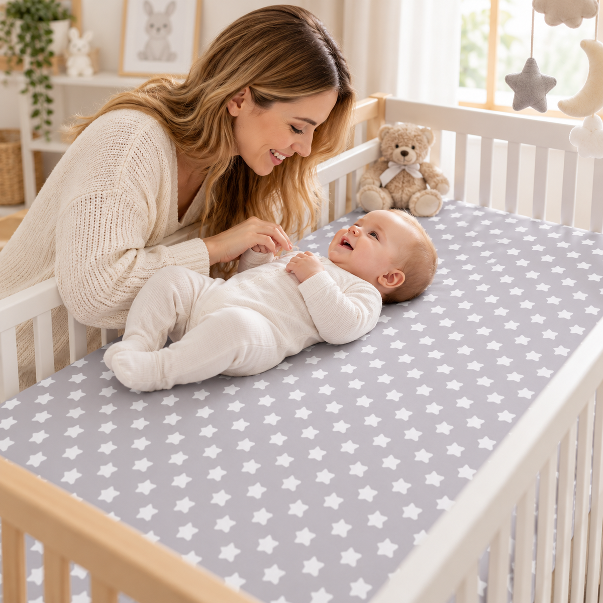 Baby Fitted Cot Bed Sheet Printed 100% Cotton Mattress 140X70cm Big White Stars On Grey - MyHappy Baby