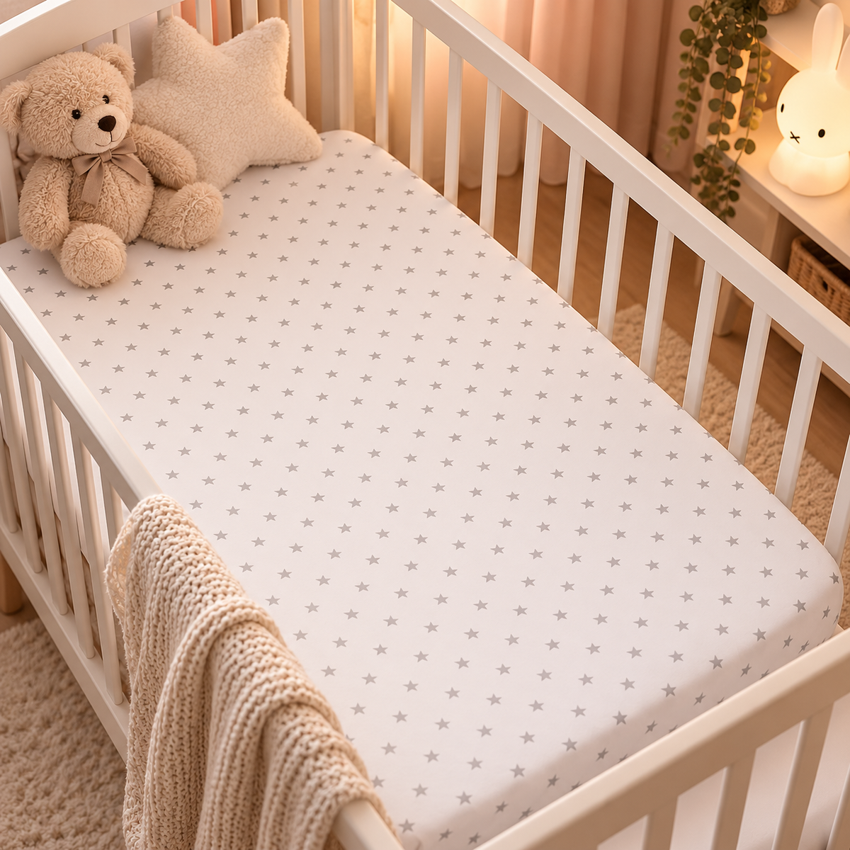 Baby Fitted Cot Bed Sheet Printed 100% Cotton Mattress 140x70cm Small Grey Stars On White