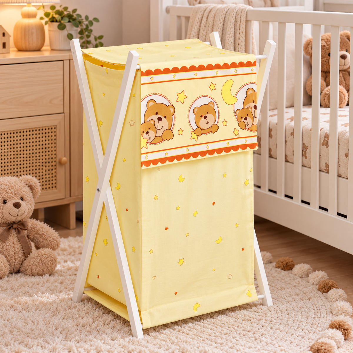 Laundry Basket with white wooden frame and storage removable linen Window Cream
