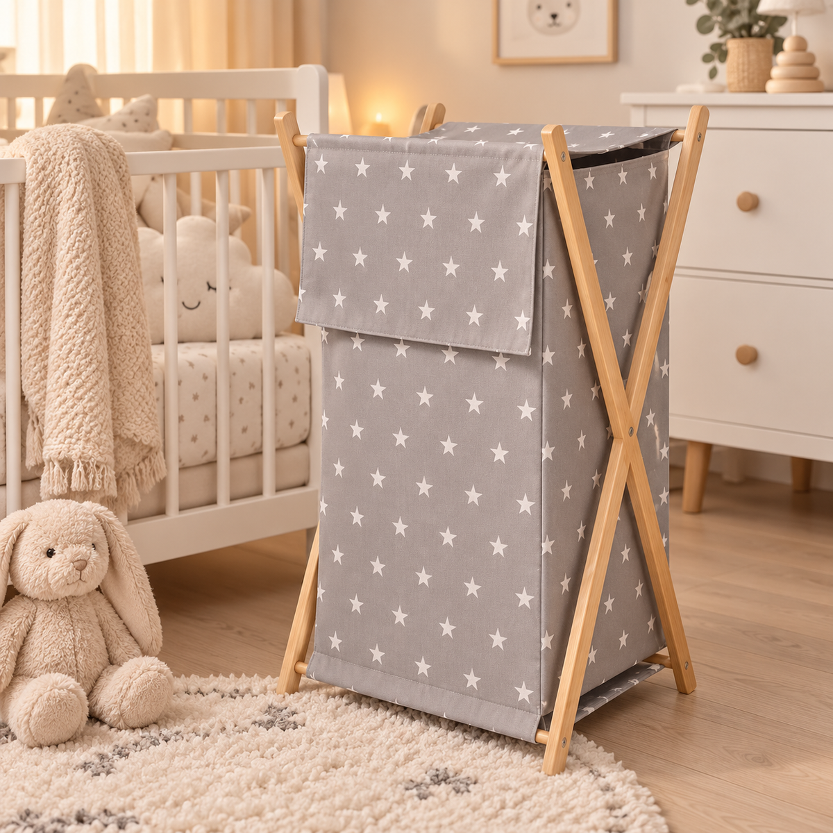 Wooden frame laundry basket with removable linen Small white on Grey