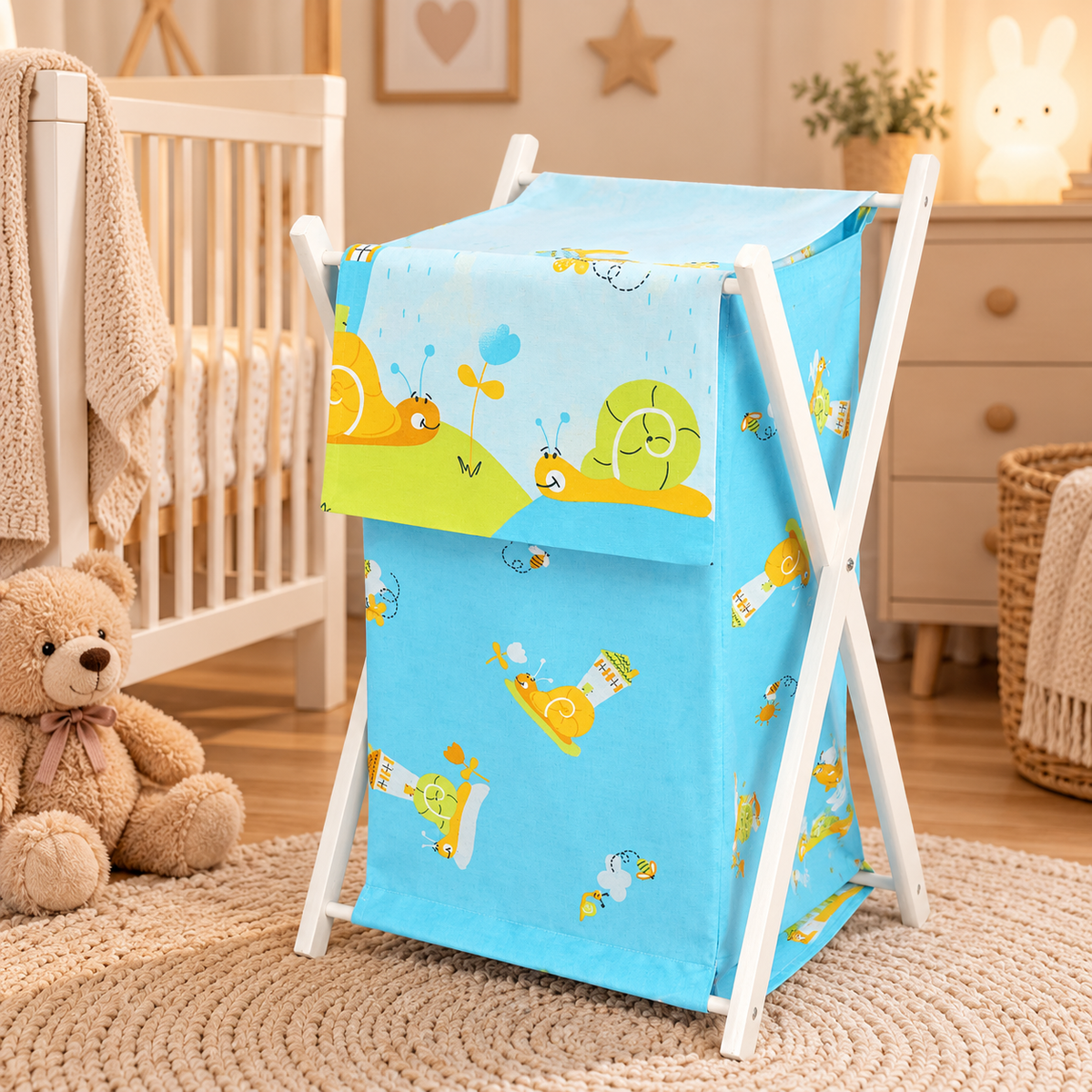 Laundry Basket with white wooden frame and storage removable linen Blue Snails