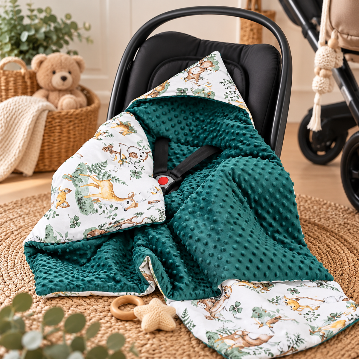 Baby Car Seat Hooded Blanket Double-sided Snuggle Swaddle Wrap Green / Animals in the Forest