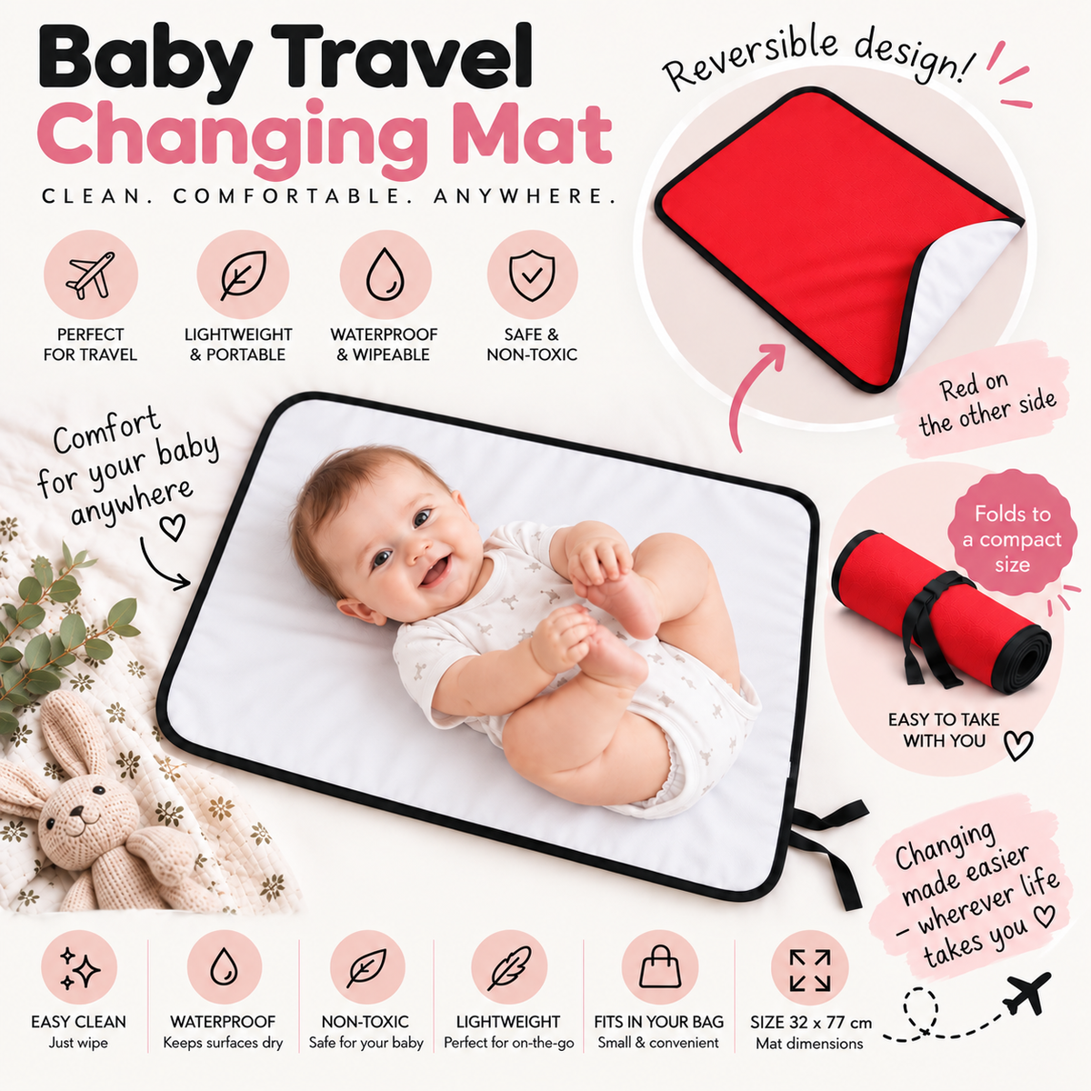 Portable Baby Changing Mat Waterproof, Reversible & Foldable Travel Nappy Changing Pad (Red)