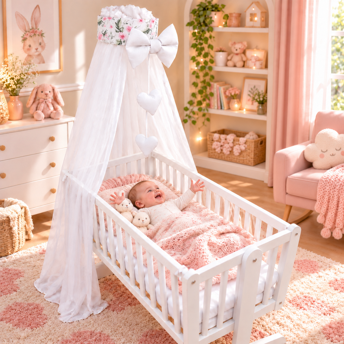 Baby Crib Canopy Mosquito Net with Holder, Decorative Bow & Hanging Hearts – Garden Flowers