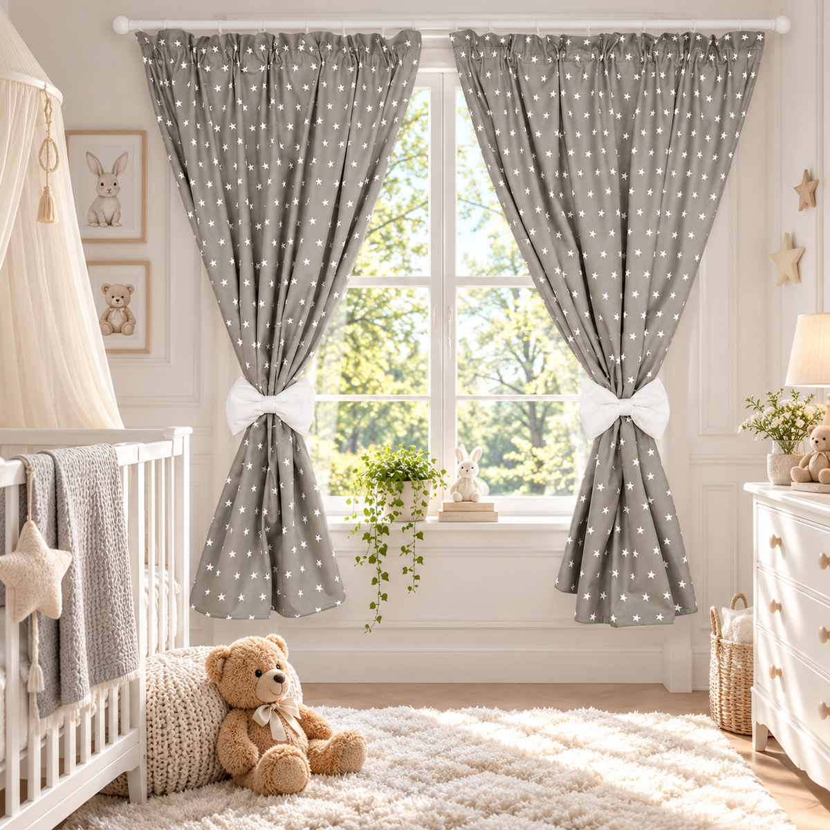 Nursery Curtains for Babies & Toddler's Bedroom Small white stars on grey