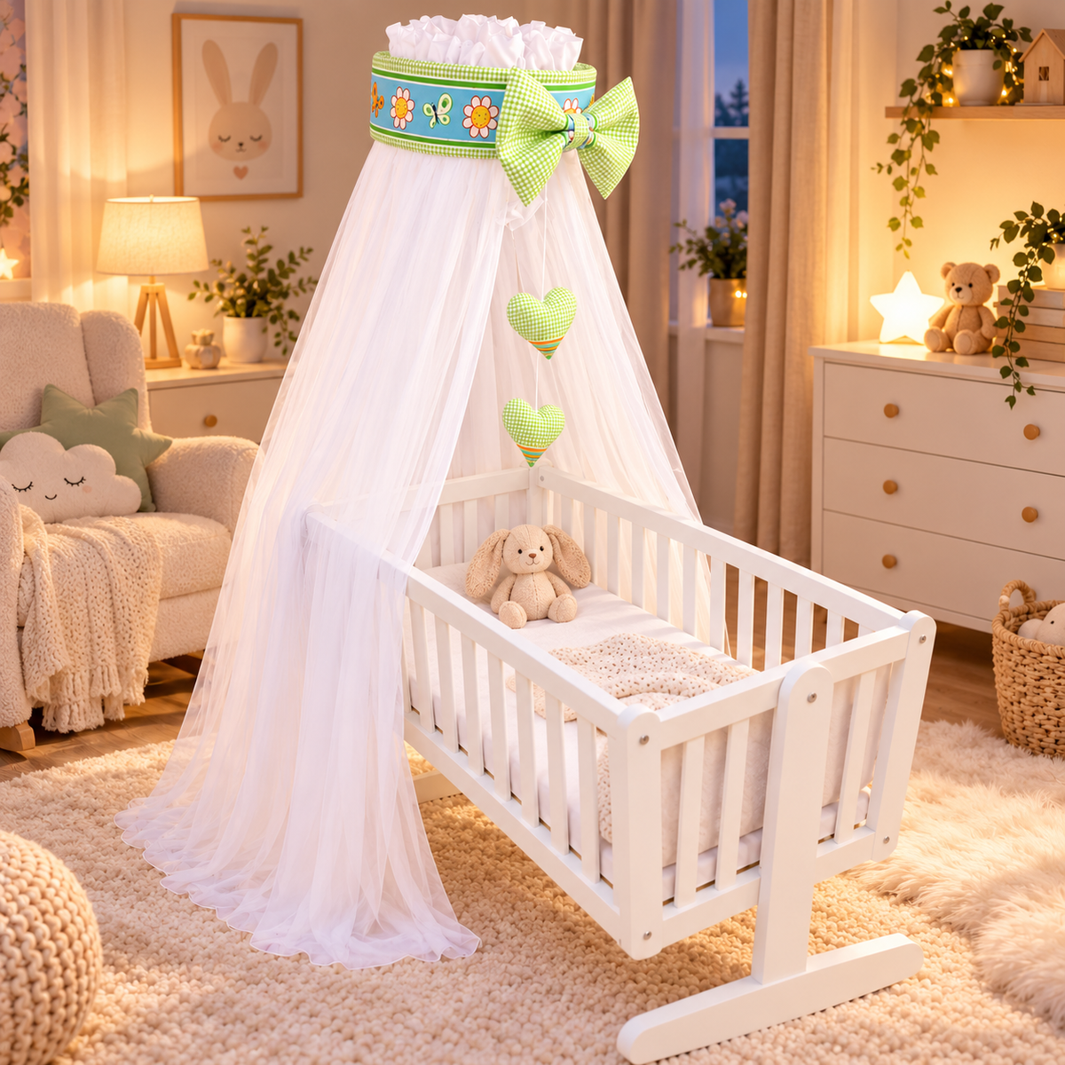 Baby Crib Canopy Mosquito Net with Holder, Decorative Bow & Hanging Hearts – Dino Green
