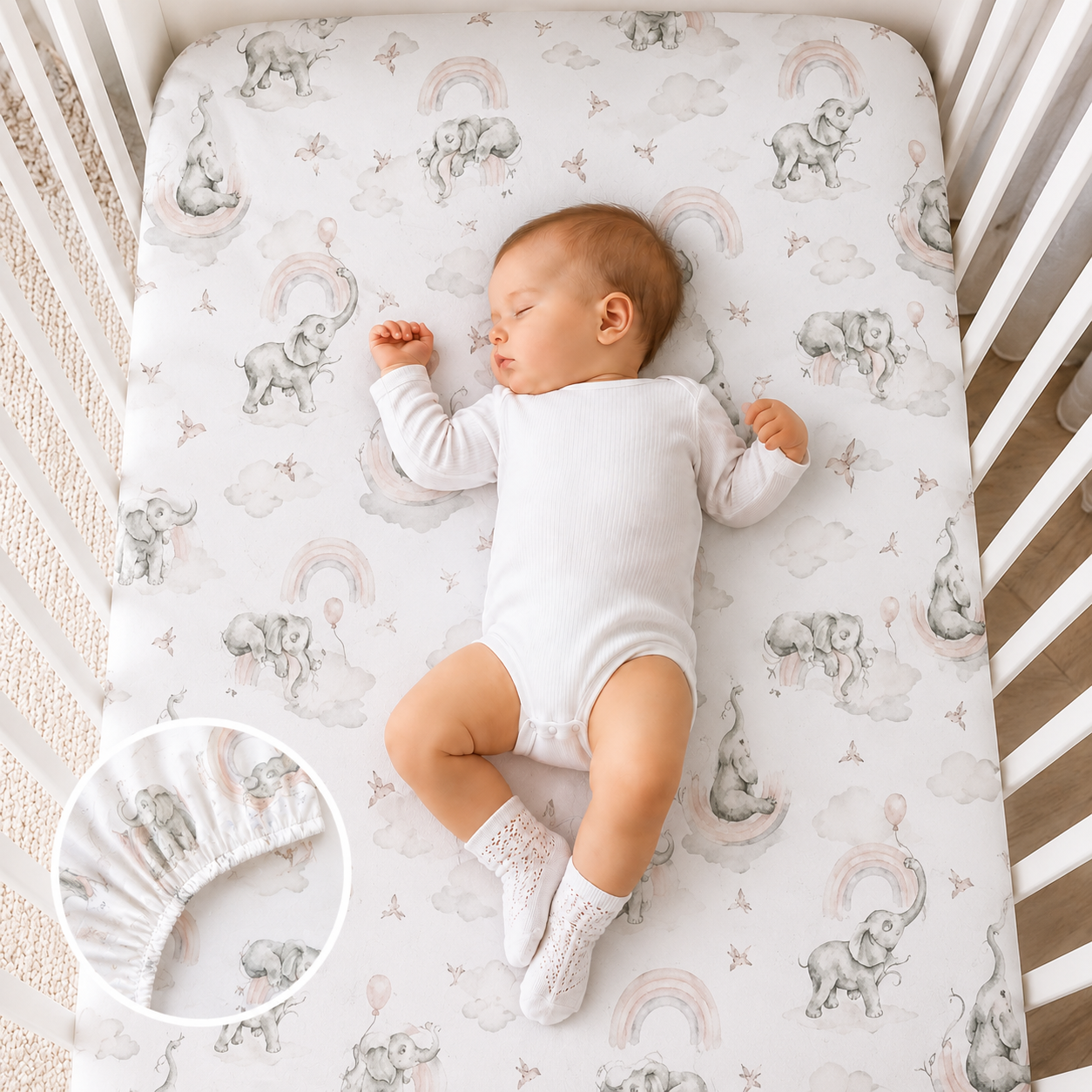 BABYMAM Baby Cot Bed Fitted Sheet 120x60 cm 100% Cotton, Soft Breathable Printed Fitted Sheet for Baby Cot Mattress (Elephant on the Cloud)