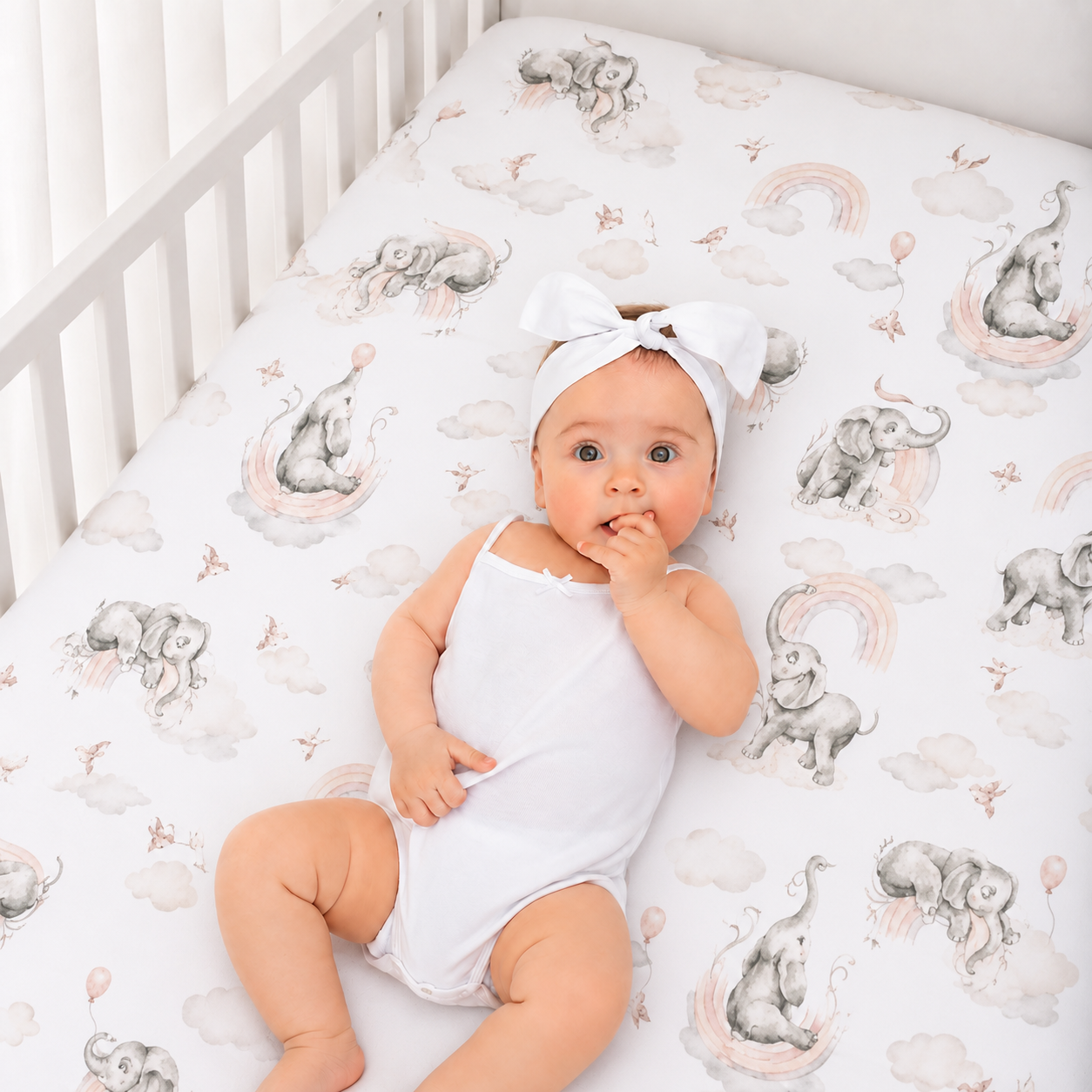 BABYMAM Baby Cot Bed Fitted Sheet 120x60 cm 100% Cotton, Soft Breathable Printed Fitted Sheet for Baby Cot Mattress (Elephant on the Cloud)