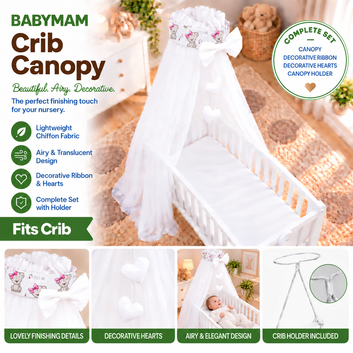 Baby Crib Canopy Mosquito Net with Holder, Decorative Bow & Hanging Hearts – Teddy Girl Grey