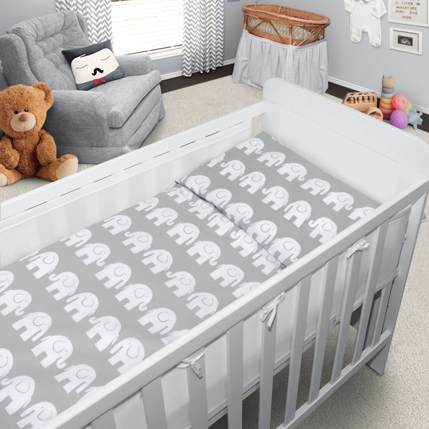 Baby Cot Bedding Set 3Pc Fit Cot 120x60cm Elephants Grey