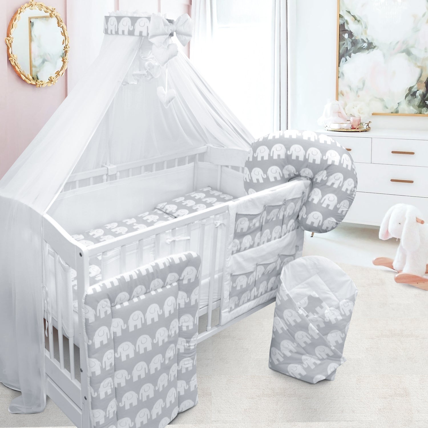 Baby Cotbed Bedding Set 14Pc Fit Cot 140x70 Elephants Grey