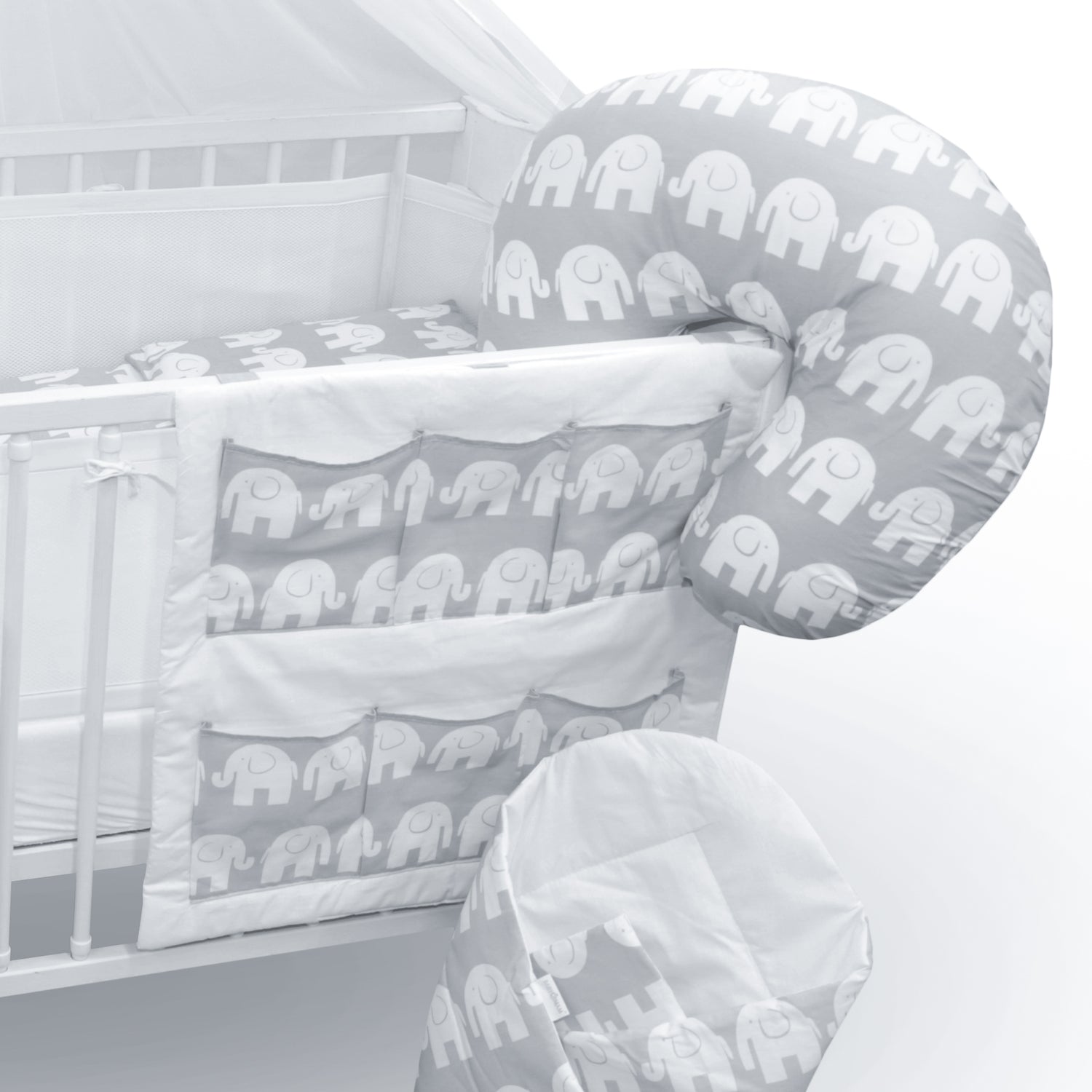 Baby Cot Bedding Set 14Pc Fit Cot 120x60cm Elephants Grey