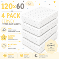 BABYMAM 4 Pack Cot Fitted Sheets 120x60 cm, 100% Organic Jersey Cotton Baby Cot Sheets, Soft Breathable Baby Bedding, Elasticated Mattress Covers (Small Stars with White)